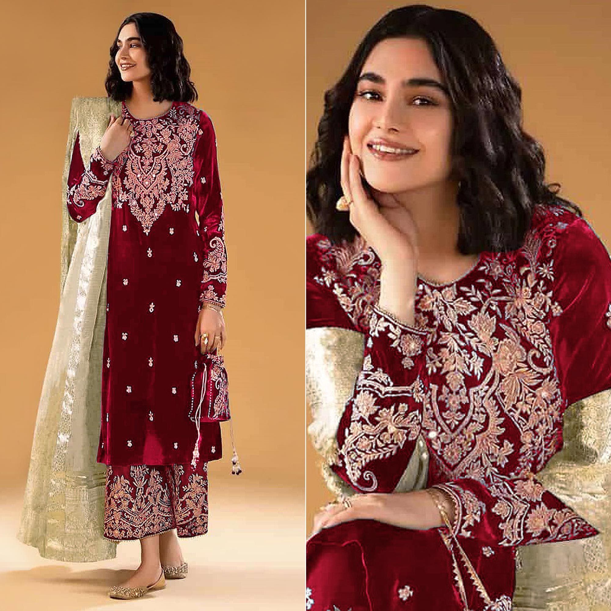 Maroon Floral Embroidered Velvet Semi Stitched Suit