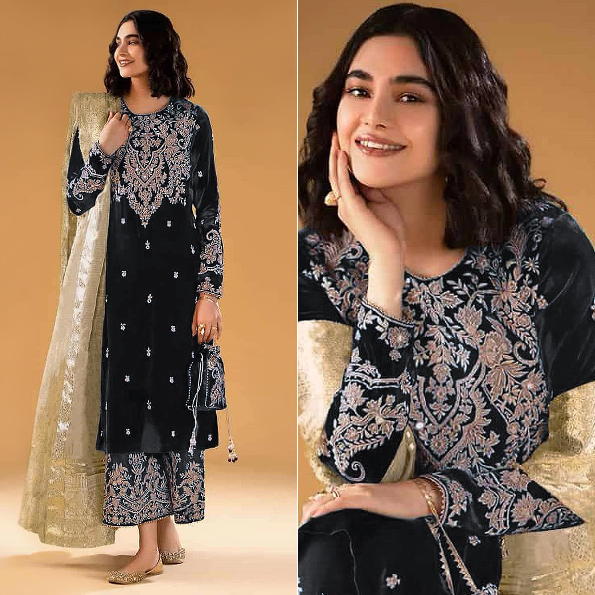 Black Floral Embroidered Velvet Semi Stitched Suit