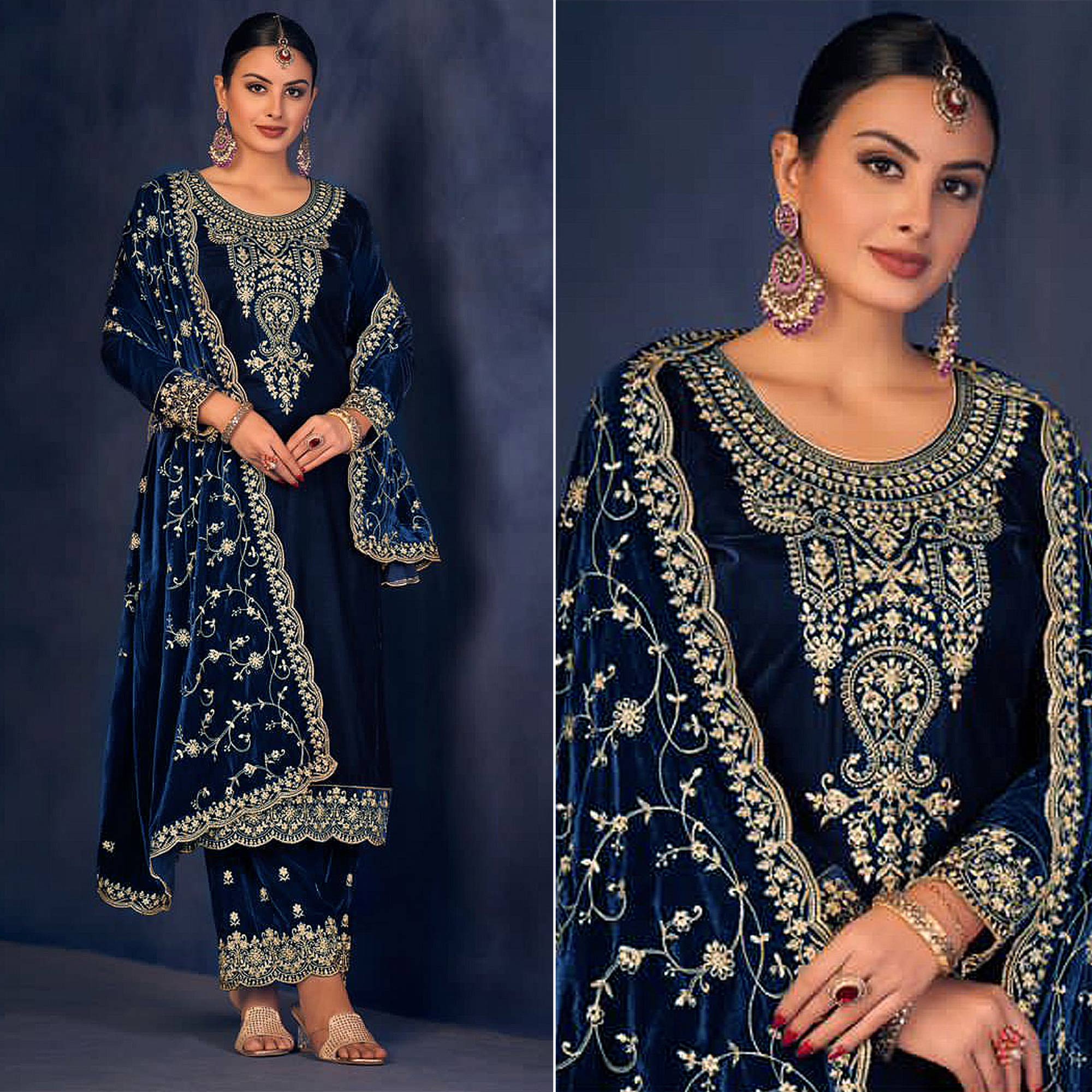 Blue Floral Sequins Embroidered Velvet Semi Stitched Suit