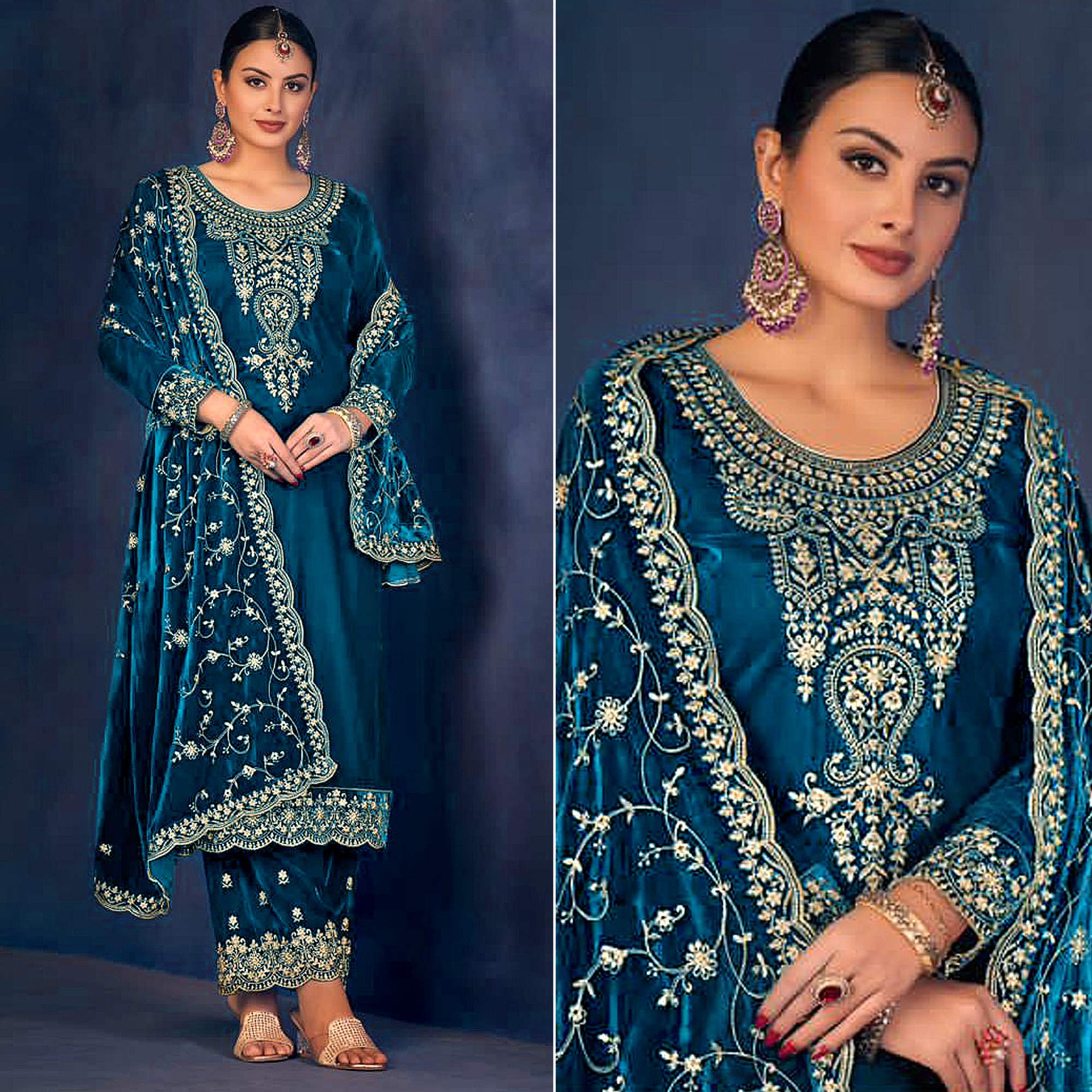 Morpich Floral Sequins Embroidered Velvet Semi Stitched Suit