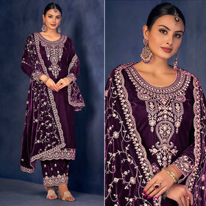 Purple Floral Sequins Embroidered Velvet Semi Stitched Suit
