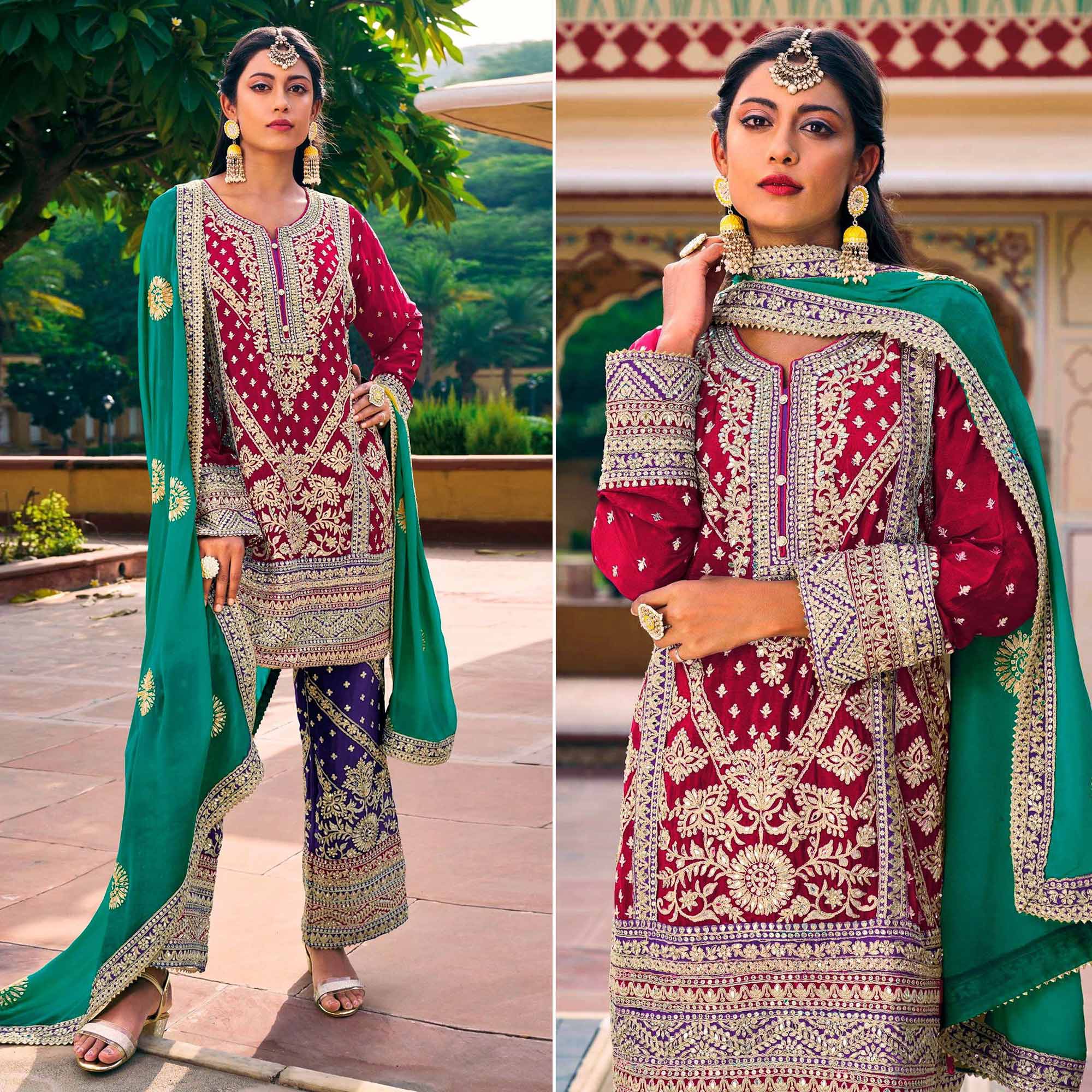 Pink & Purple Sequins Embroidered Chinon Semi Stitched Salwar Suit
