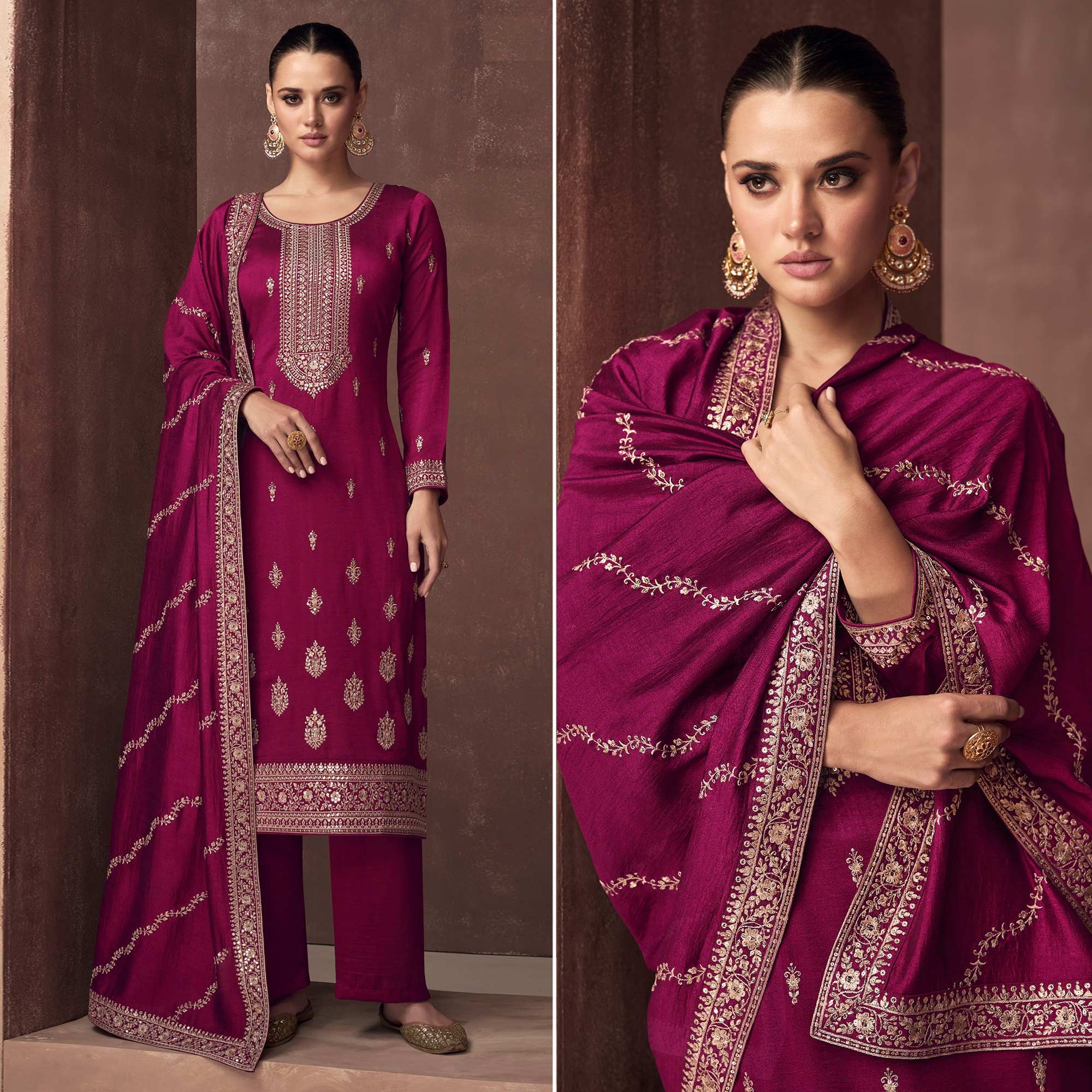 Rani Pink Floral Embroidered Art Silk Semi Stitched Suit