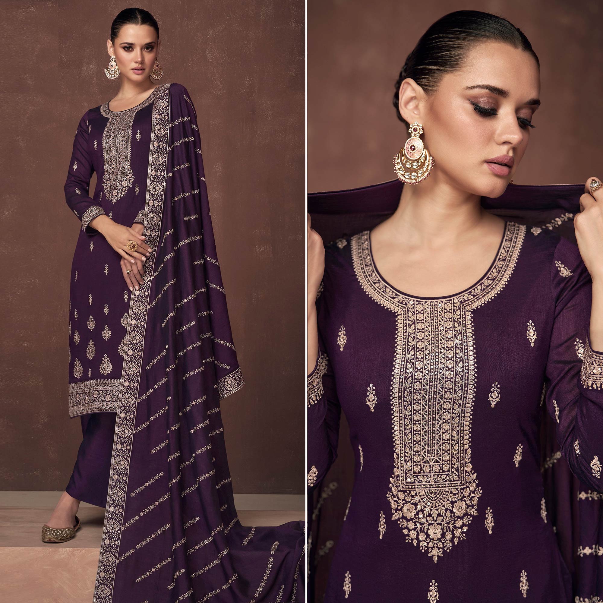 Purple Floral Embroidered Art Silk Semi Stitched Suit
