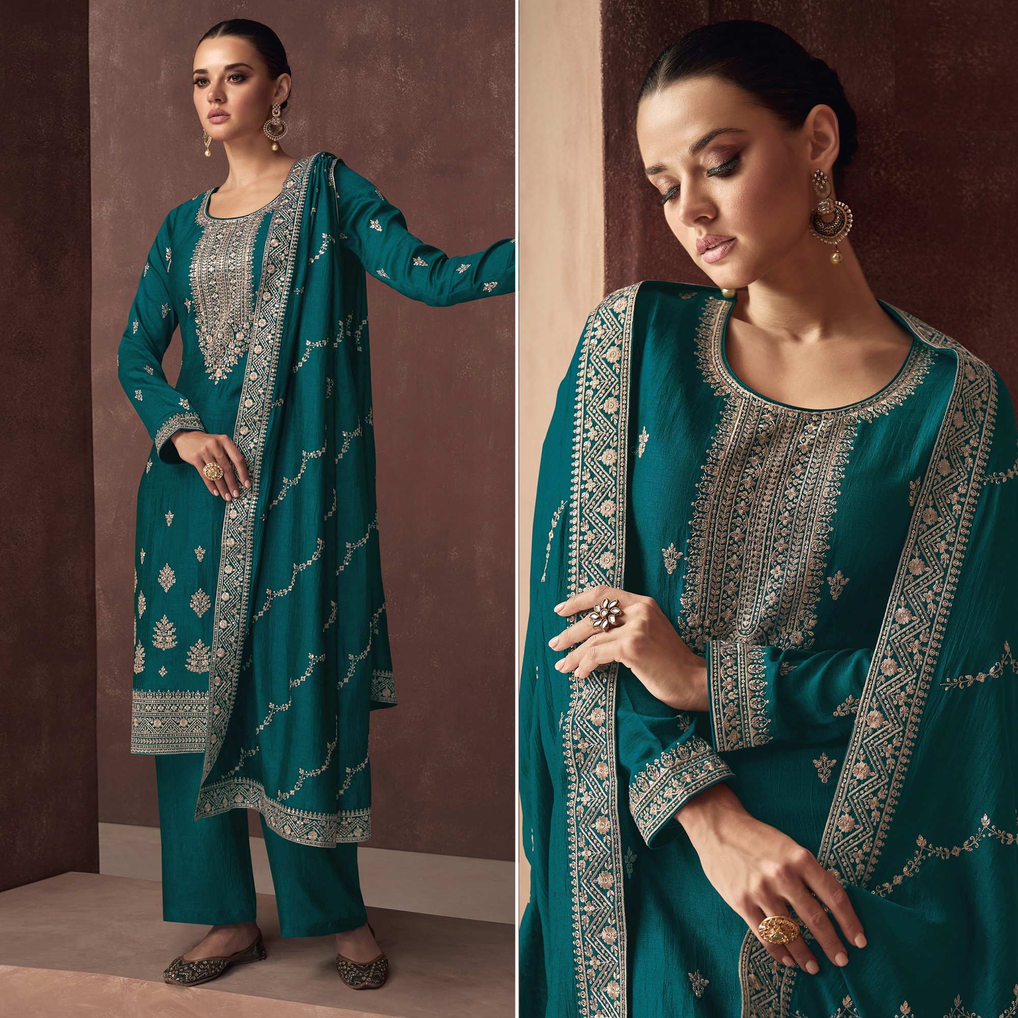 Rama Blue Floral Embroidered Art Silk Semi Stitched Suit