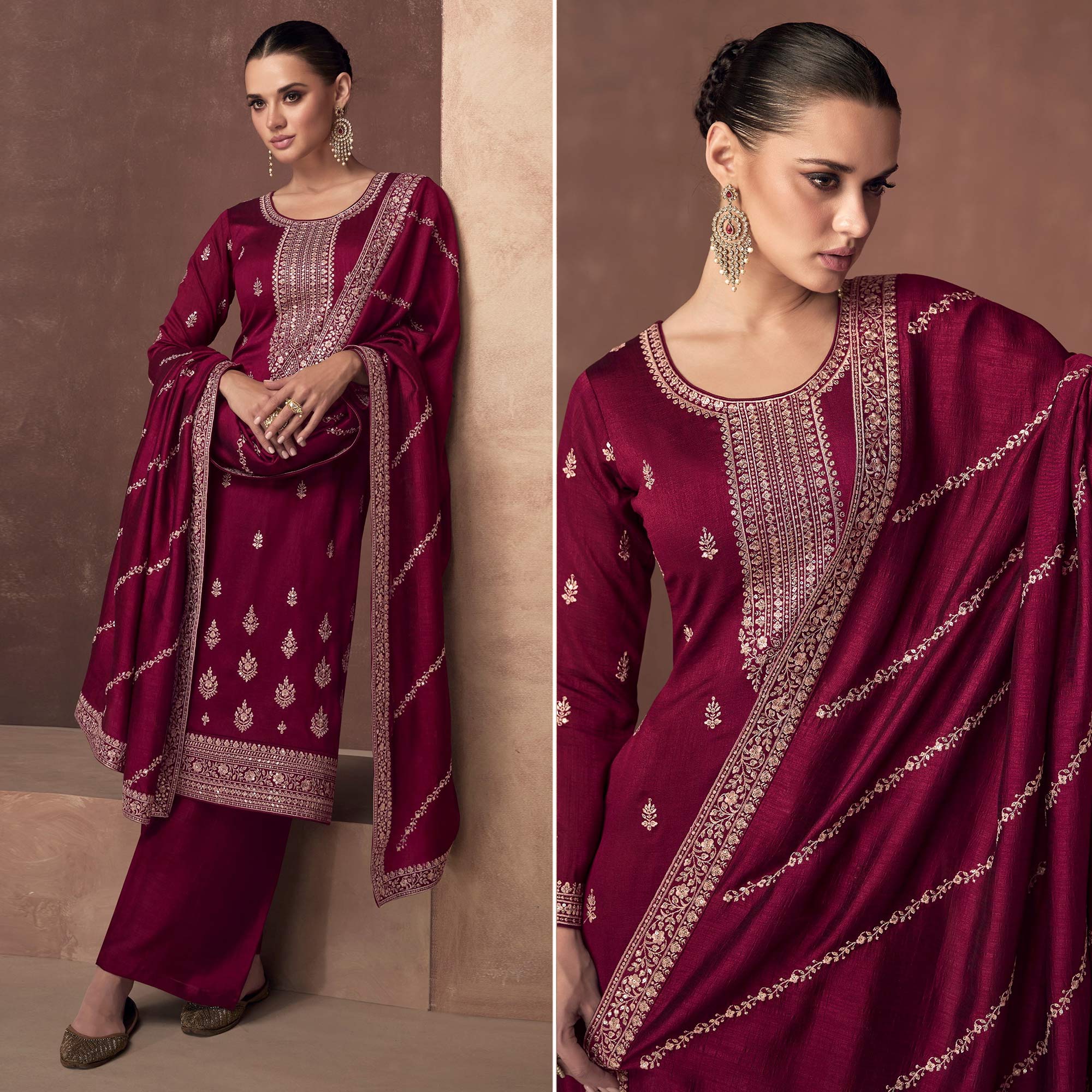 Pink Floral Embroidered Art Silk Semi Stitched Suit