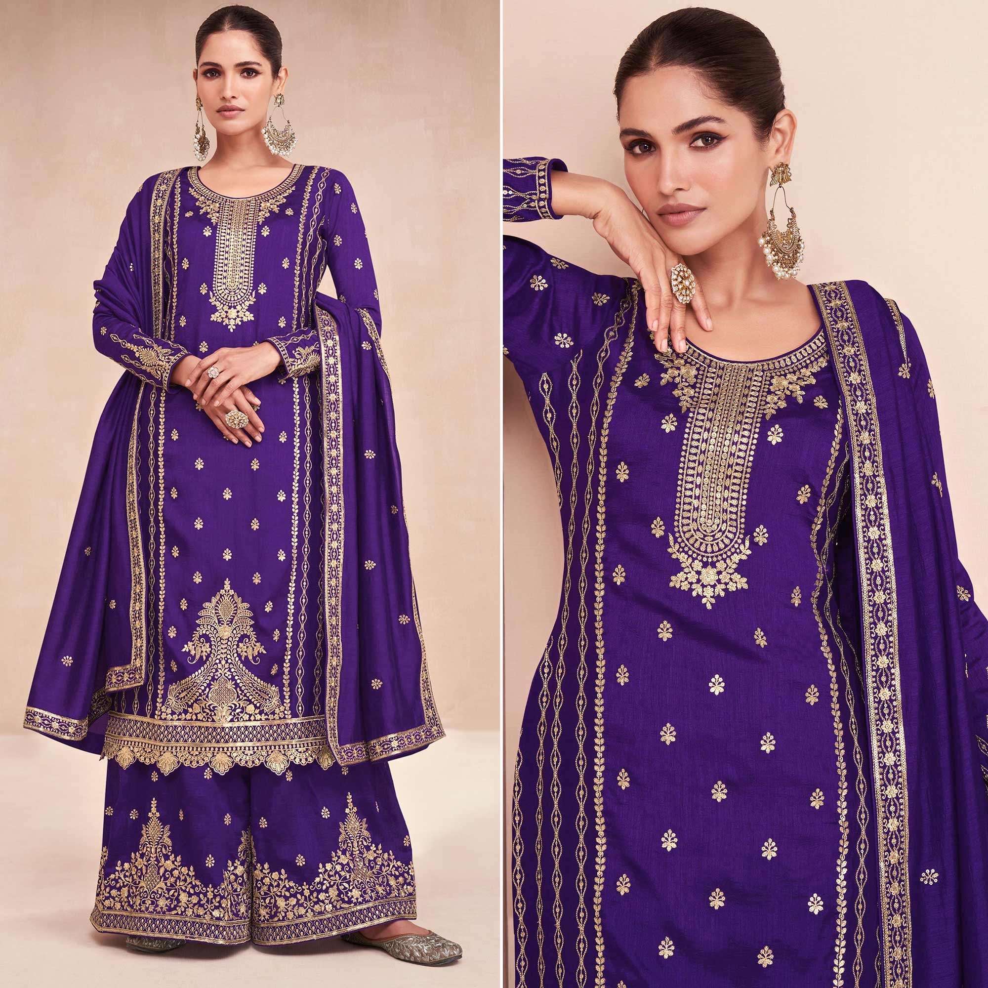 Purple Floral Embroidered Art Silk Semi Stitched Palazzo Suit