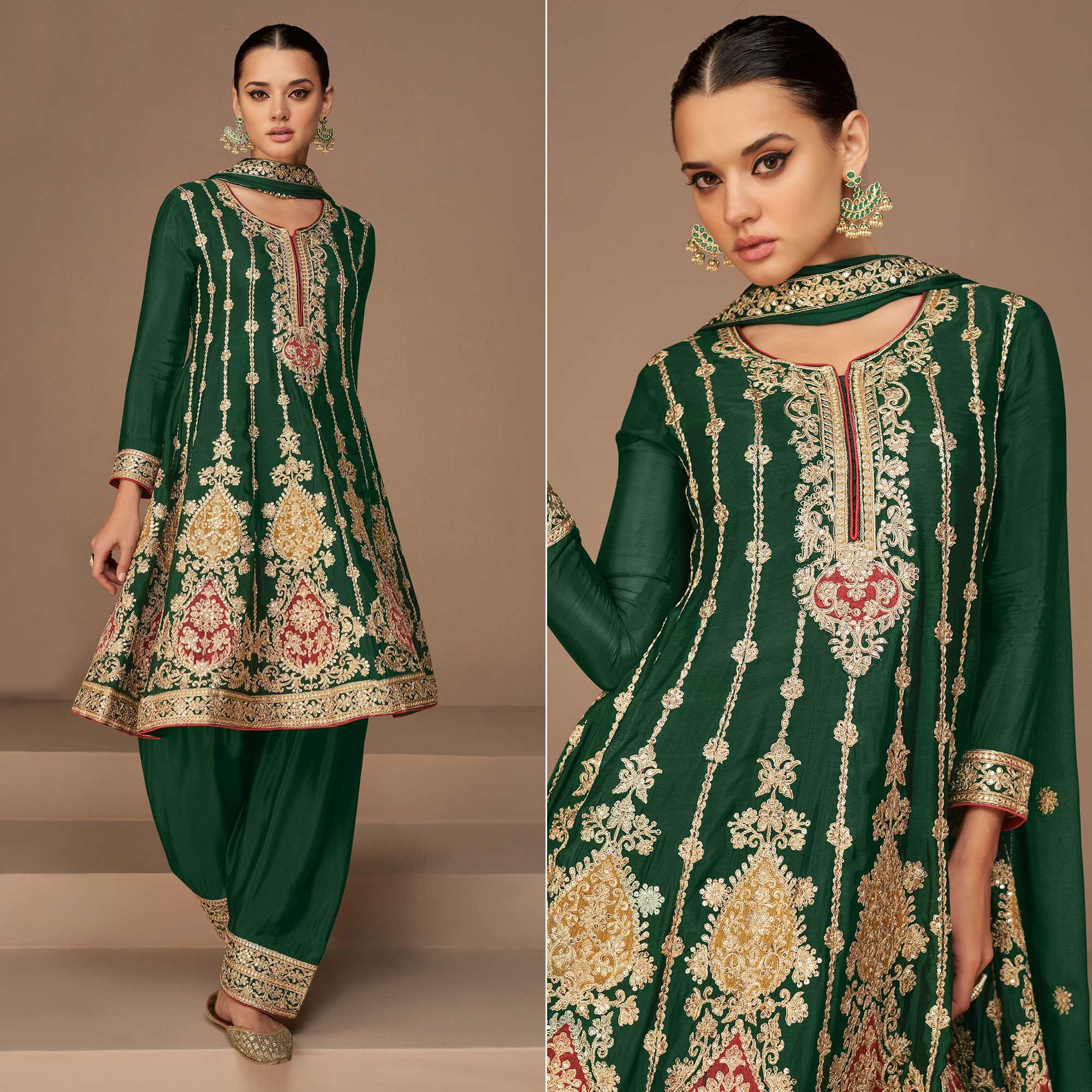 Green Floral Embroidered Georgette Semi Stitched Suit