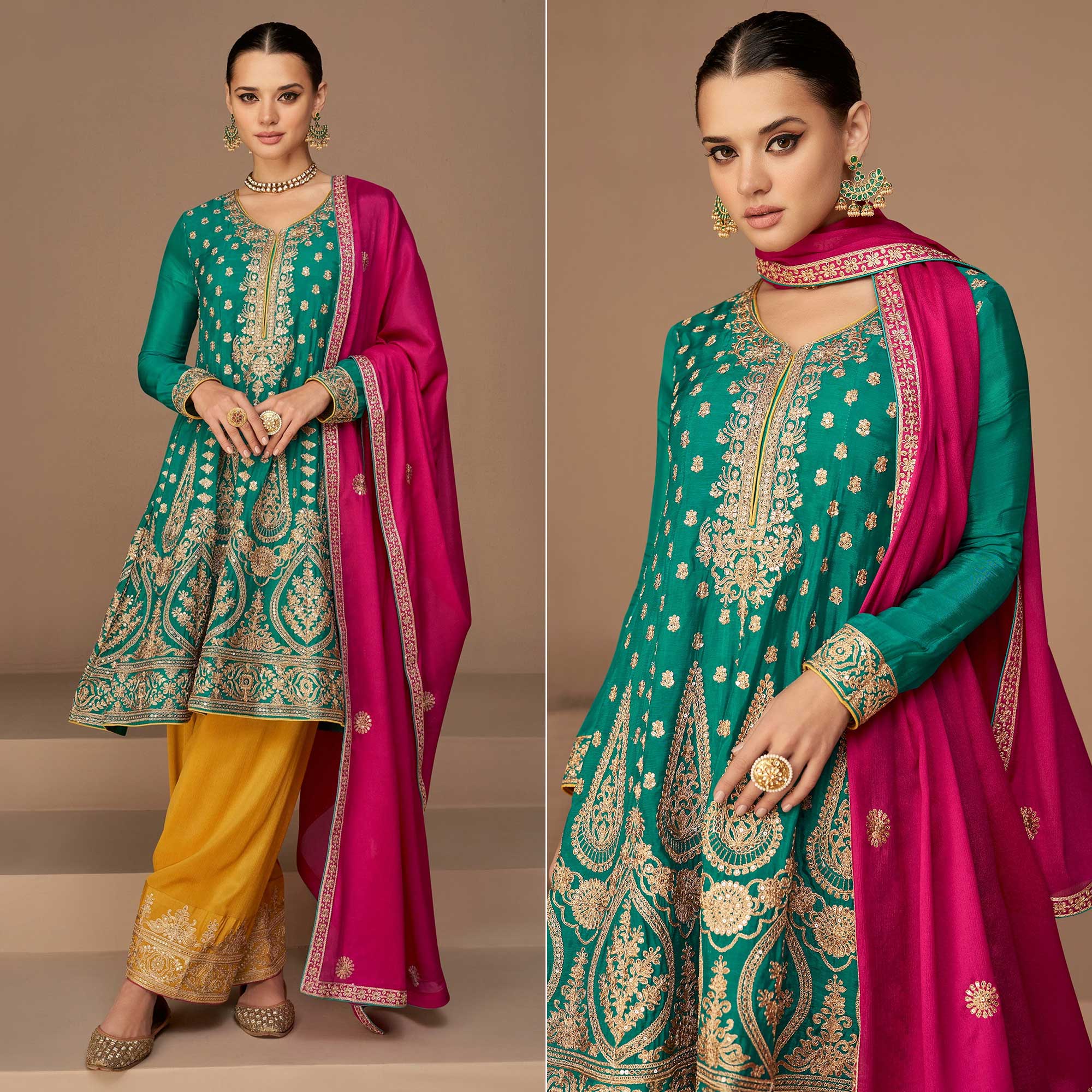 Rama Green & Mustard Floral Embroidered Georgette Semi Stitched Suit