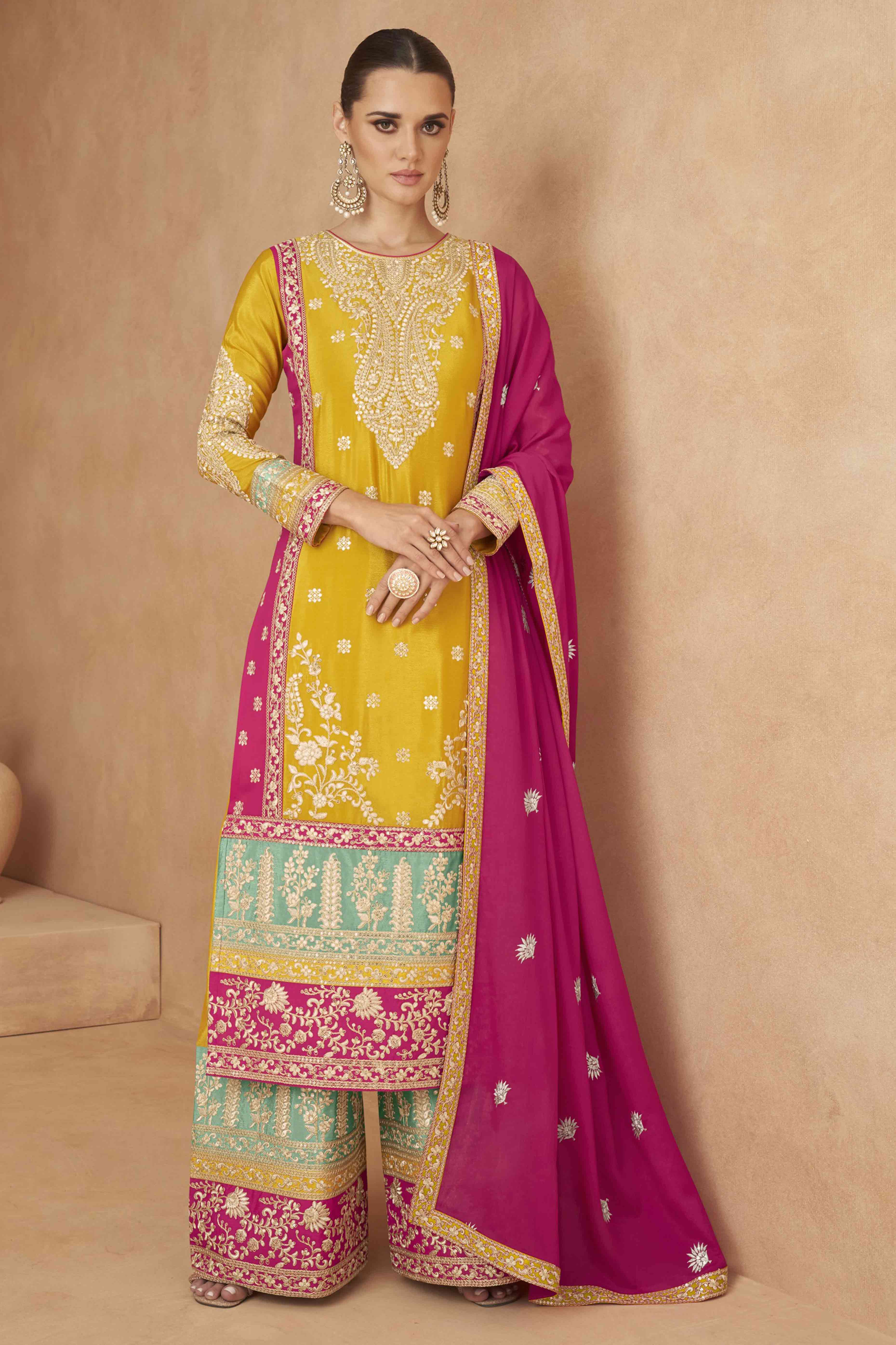 Mustard Embroidered Sequins Work Chinon Semi-Stitched Salwar Suit