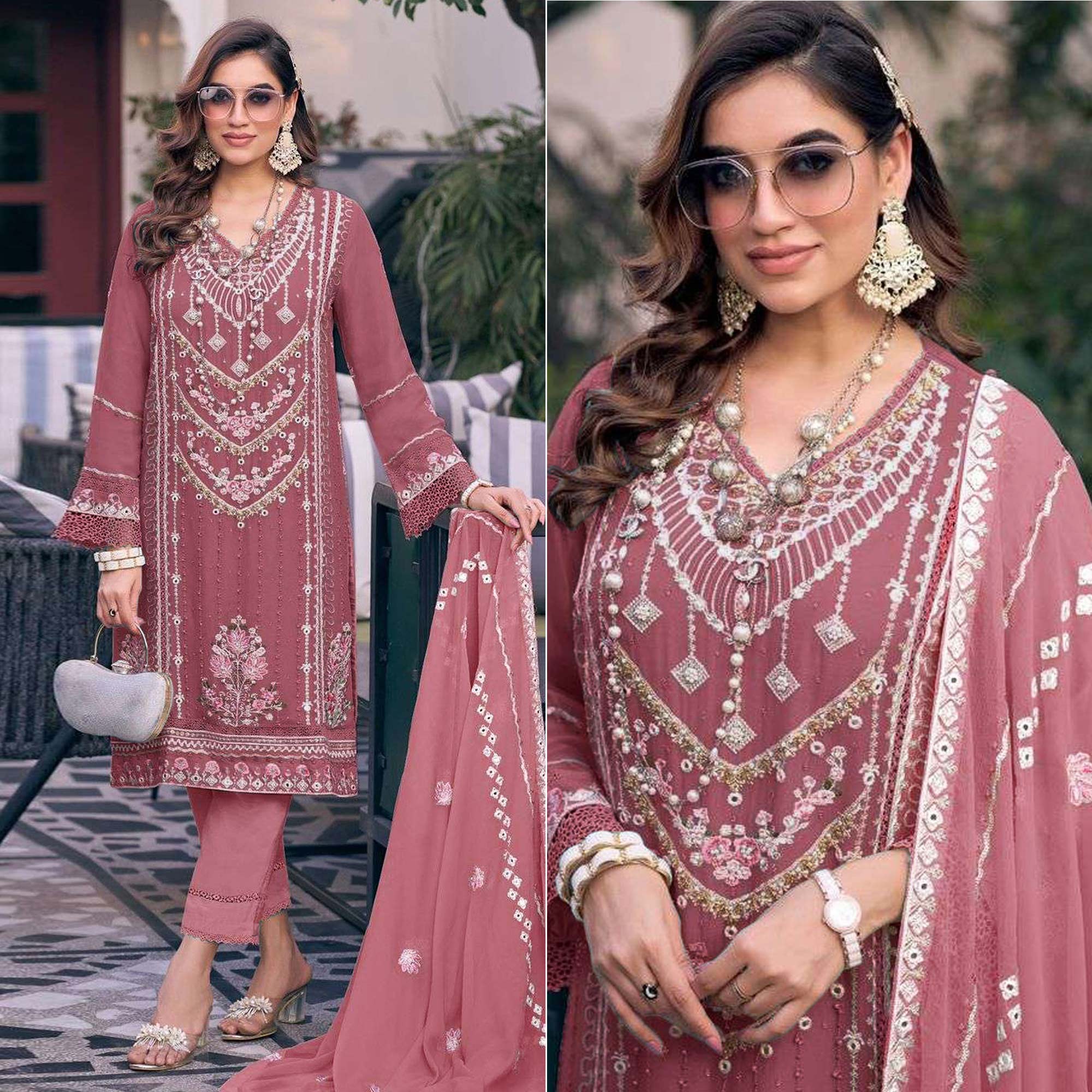 Dusty Pink Embroidered Georgette Semi-Stitched Pakistani Dress Material