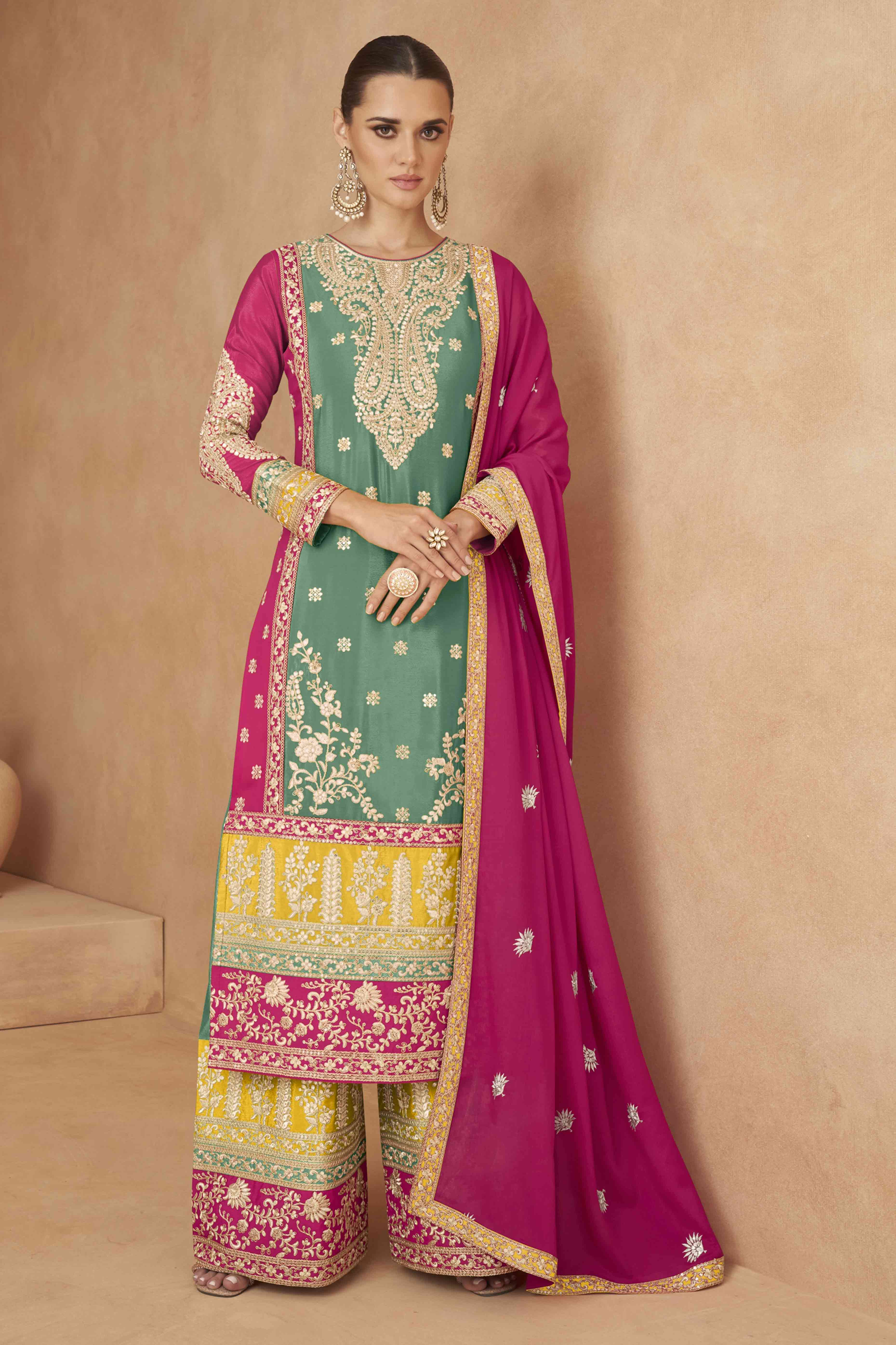 Green Embroidered Sequins Work Chinon Semi-Stitched Salwar Suit