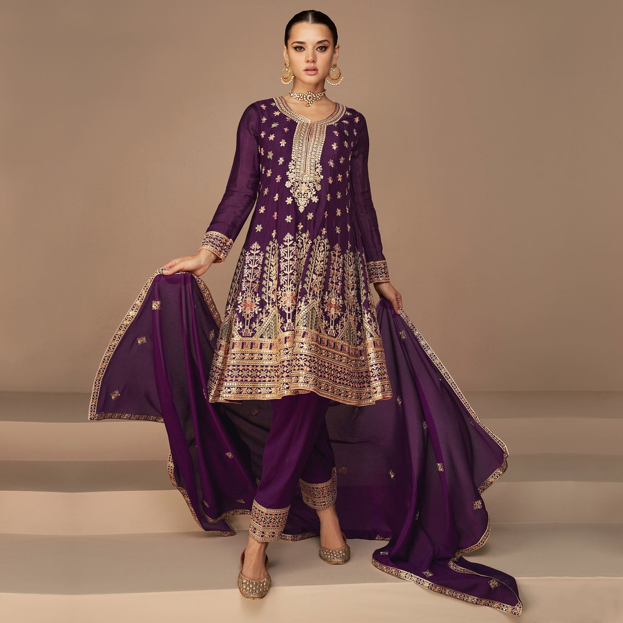 Wine Floral Embroidered Georgette Semi Stitched Suit