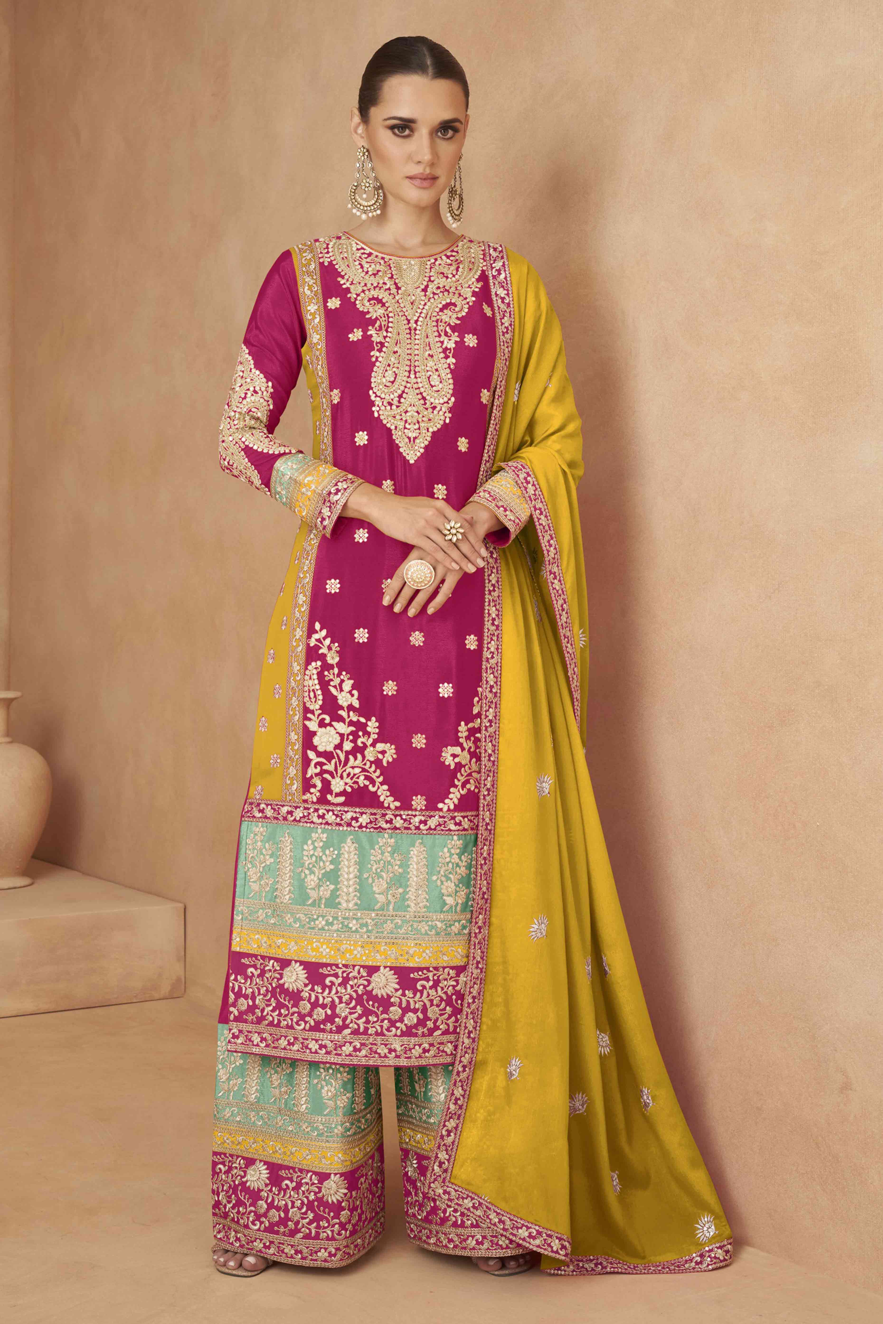 Pink Embroidered Sequins Work Chinon Semi-Stitched Salwar Suit