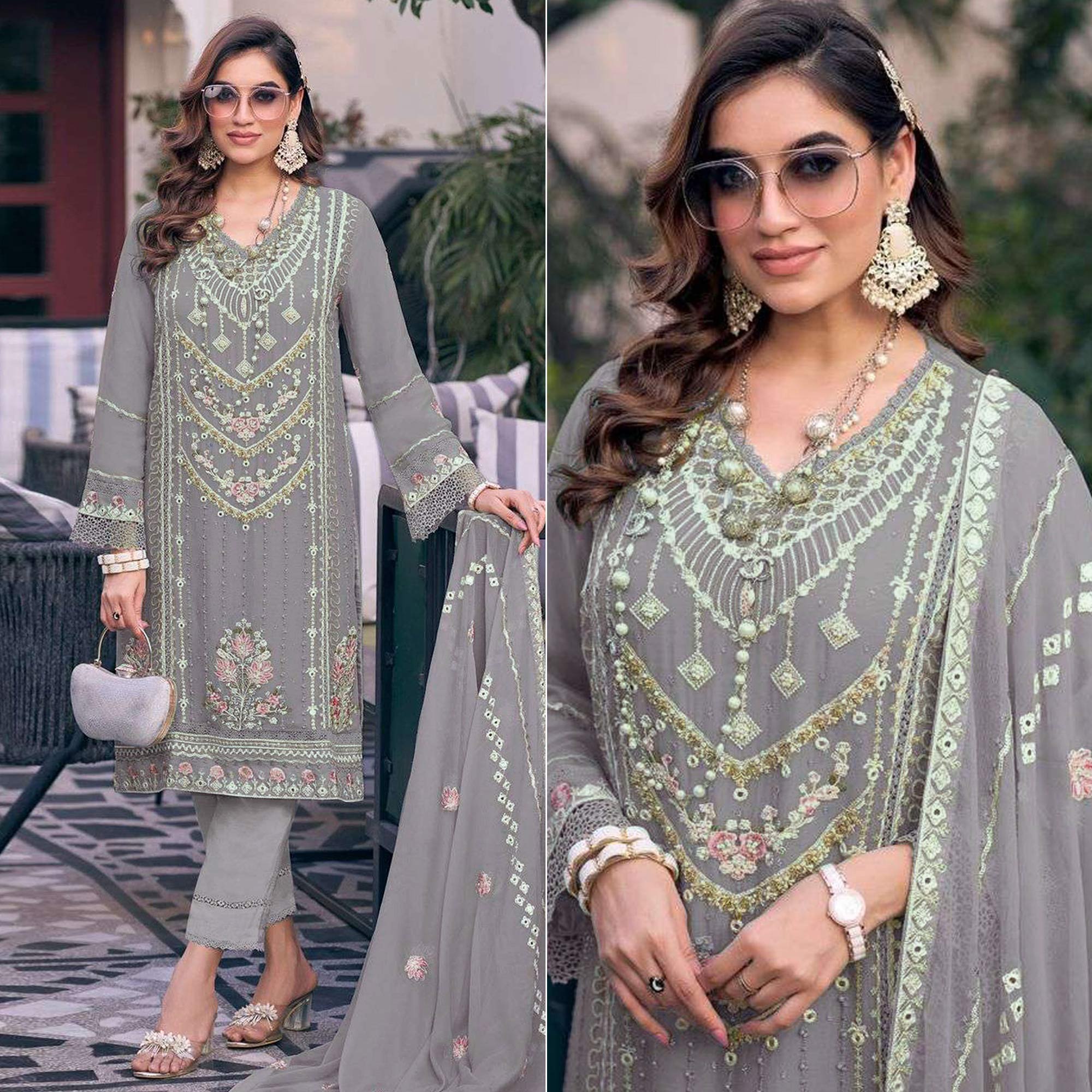 Light Lavender Embroidered Georgette Semi-Stitched Pakistani Dress Material