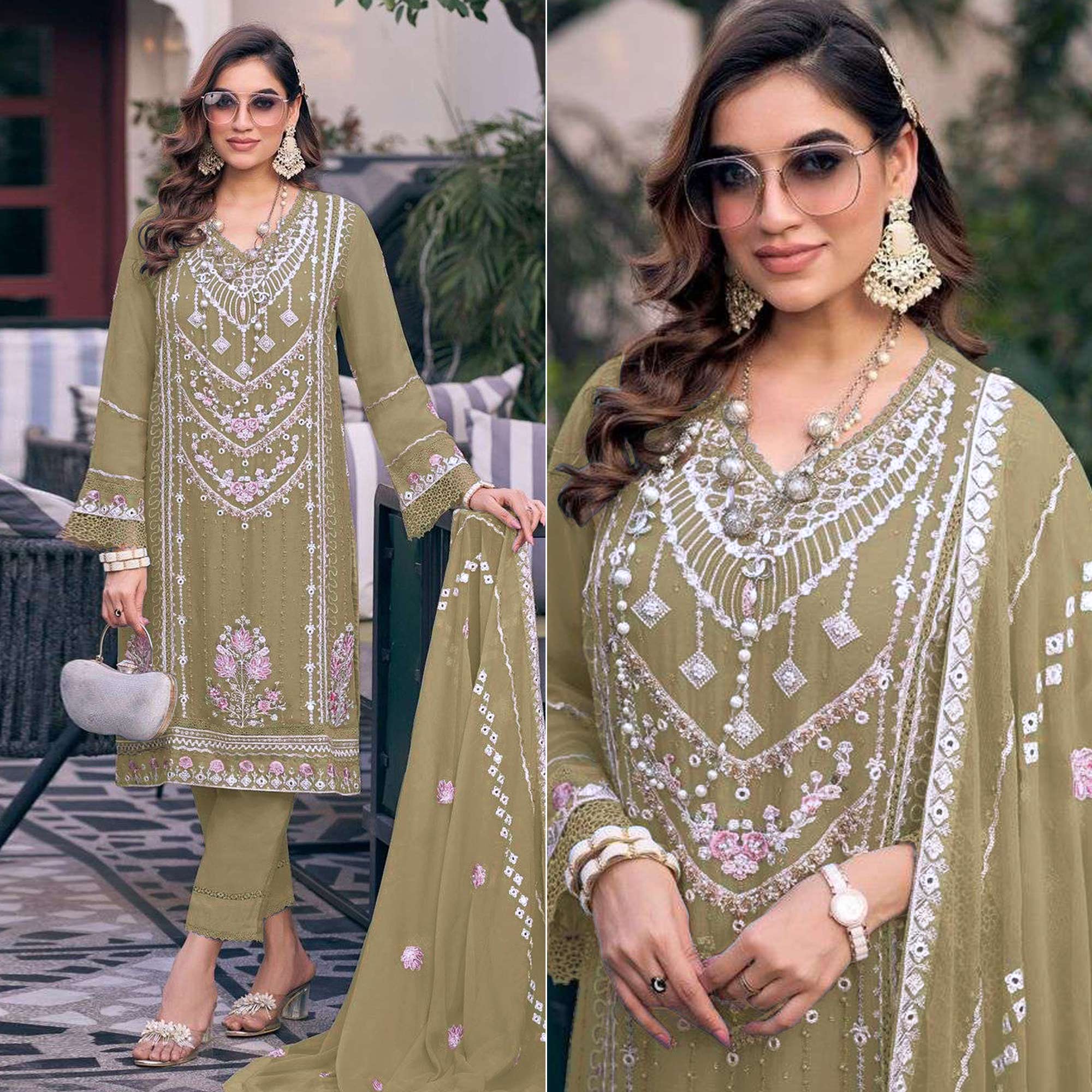 Olive Embroidered Georgette Semi-Stitched Pakistani Dress Material