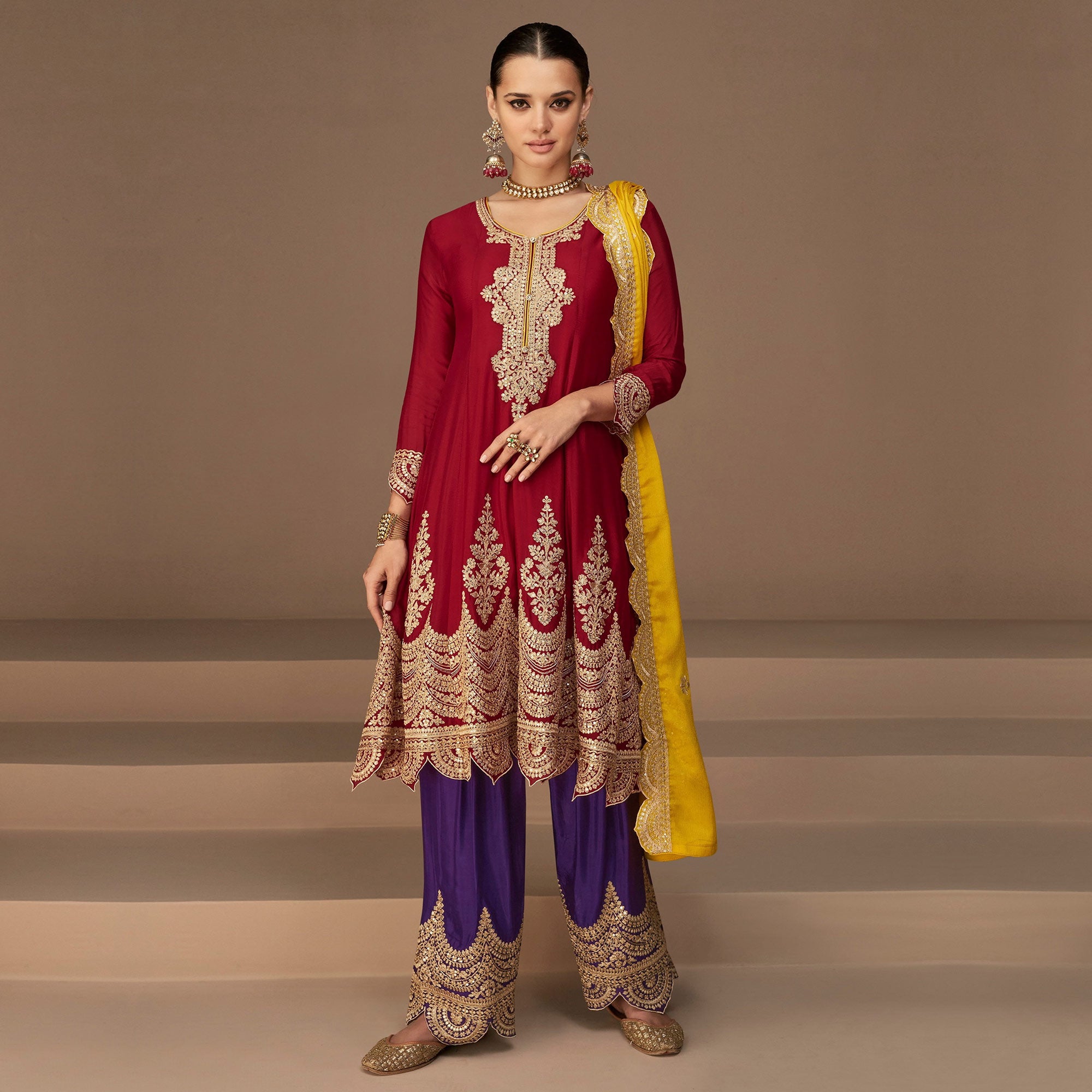Maroon & Purple Floral Embroidered Georgette Semi Stitched Suit