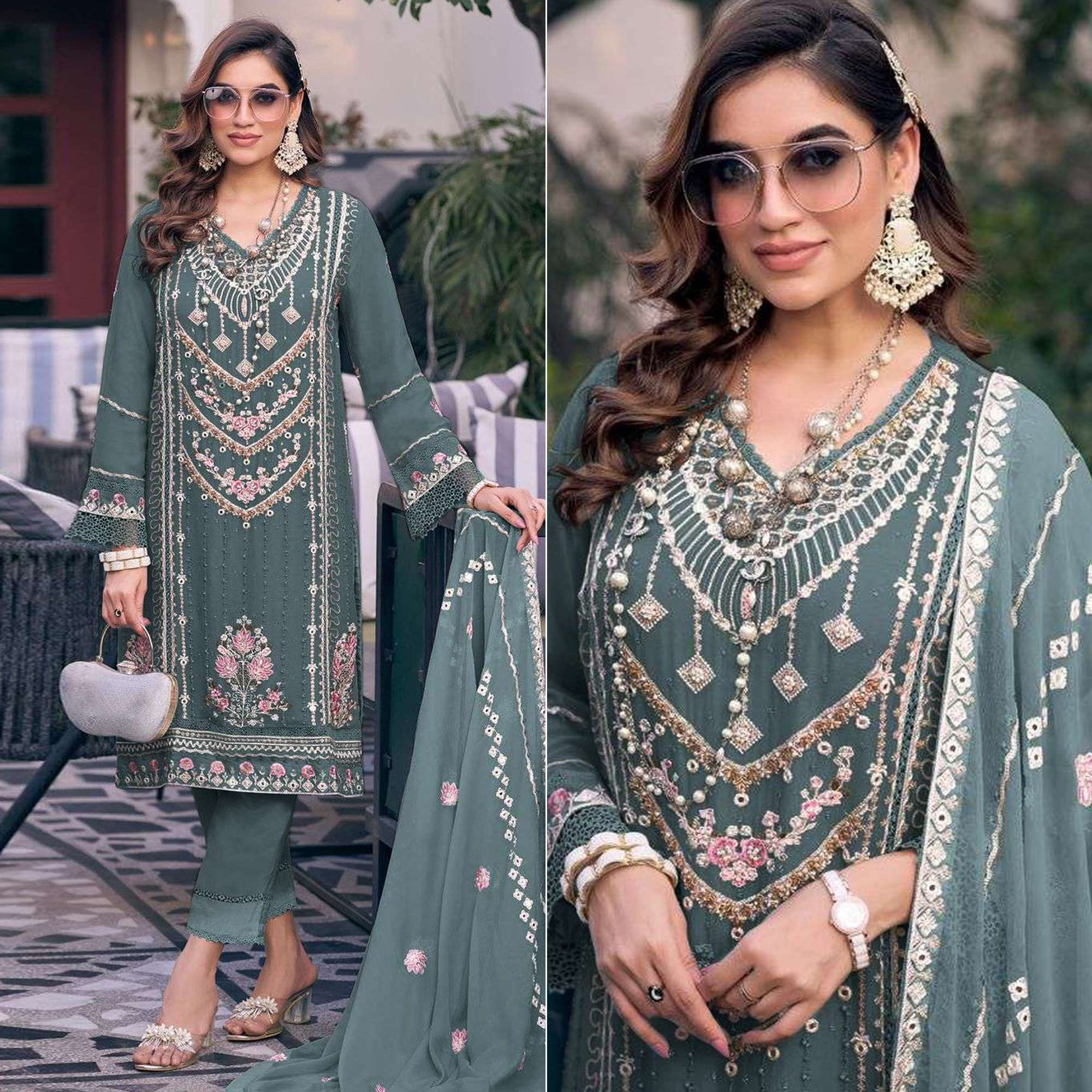 Bluish Grey Embroidered Georgette Semi-Stitched Pakistani Dress Material