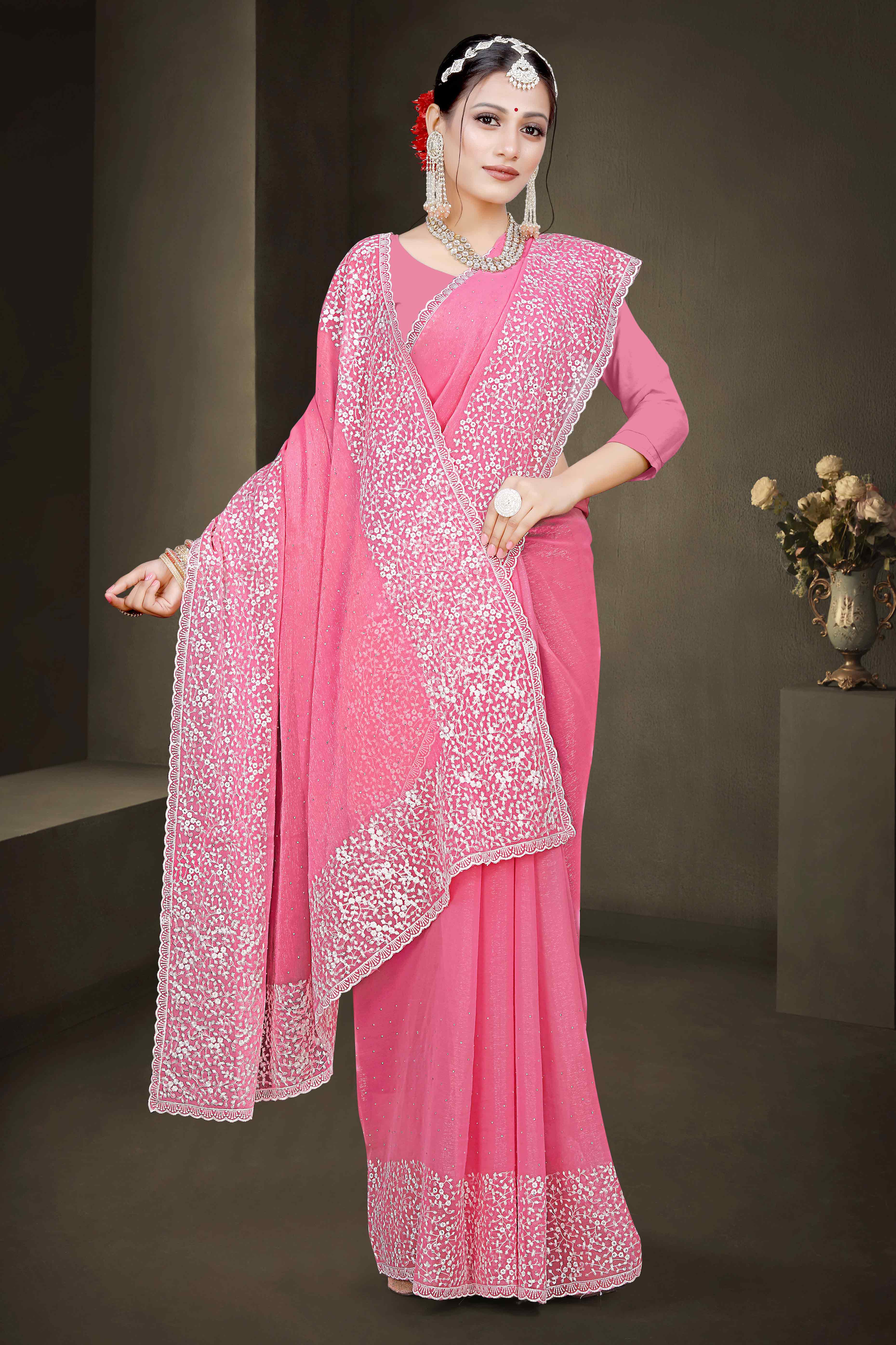 Pink Floral Embroidery With Stonework Chiffon Shimmer Saree