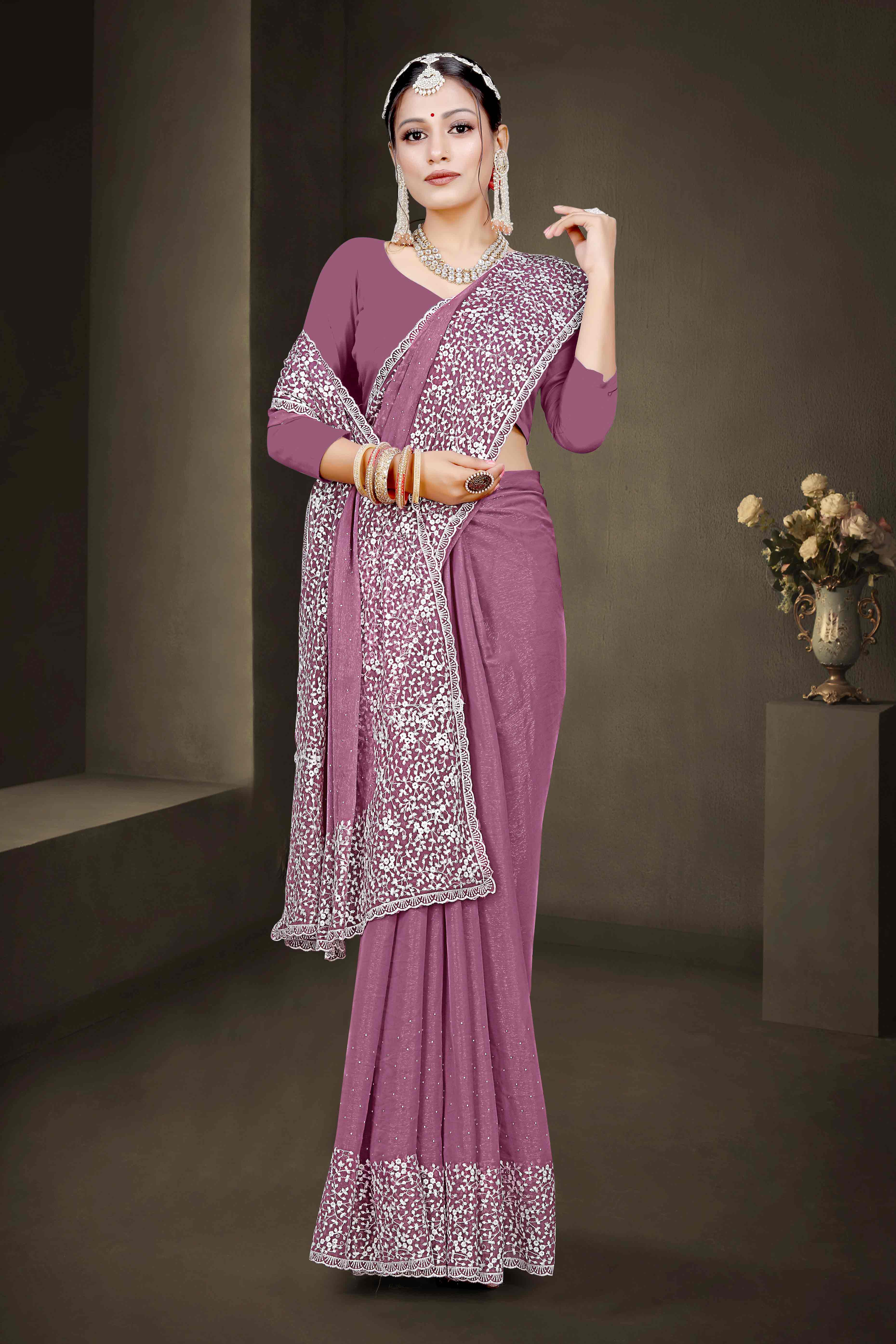 Mauve Floral Embroidery With Stonework Chiffon Shimmer Saree