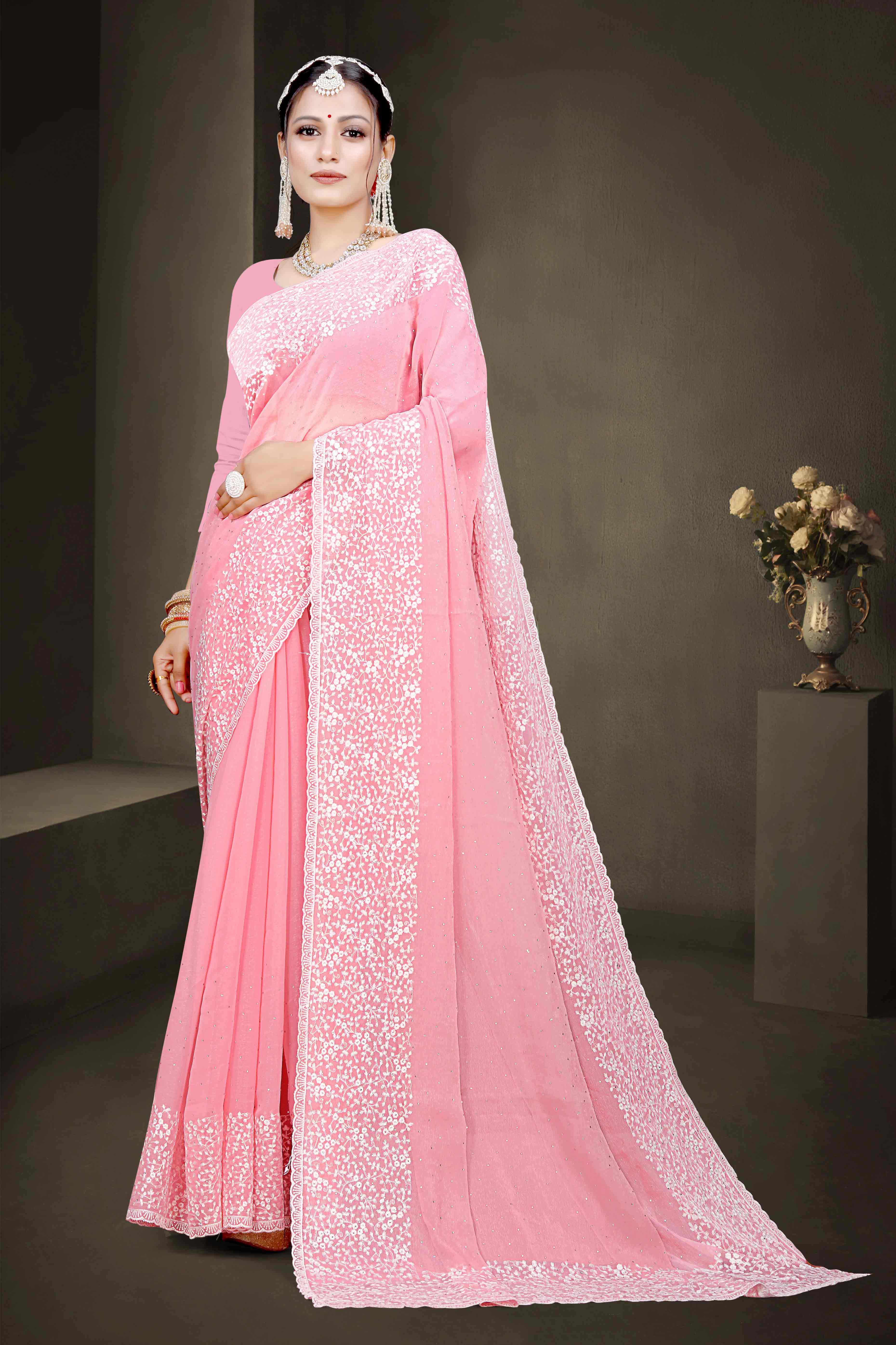 Pink Floral Embroidery With Stonework Chiffon Shimmer Saree