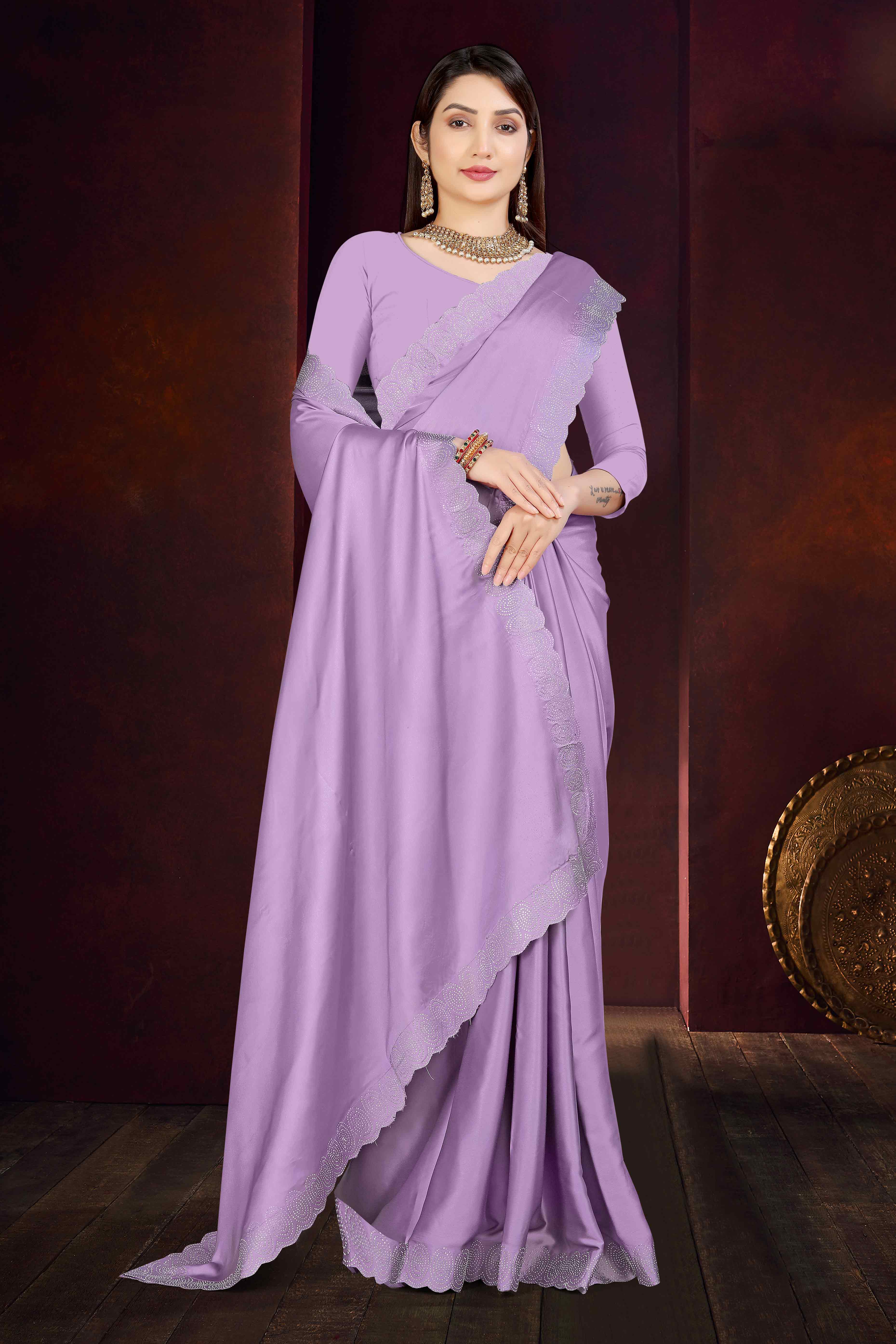 Lavender Solid With Swarovski Work Satin Saree