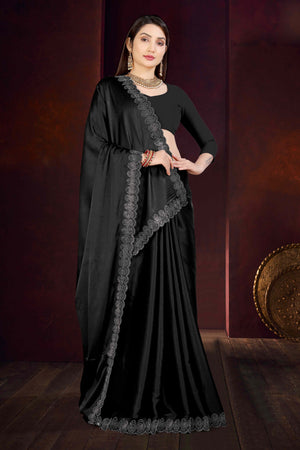 Black Solid With Swarovski Work Satin Saree