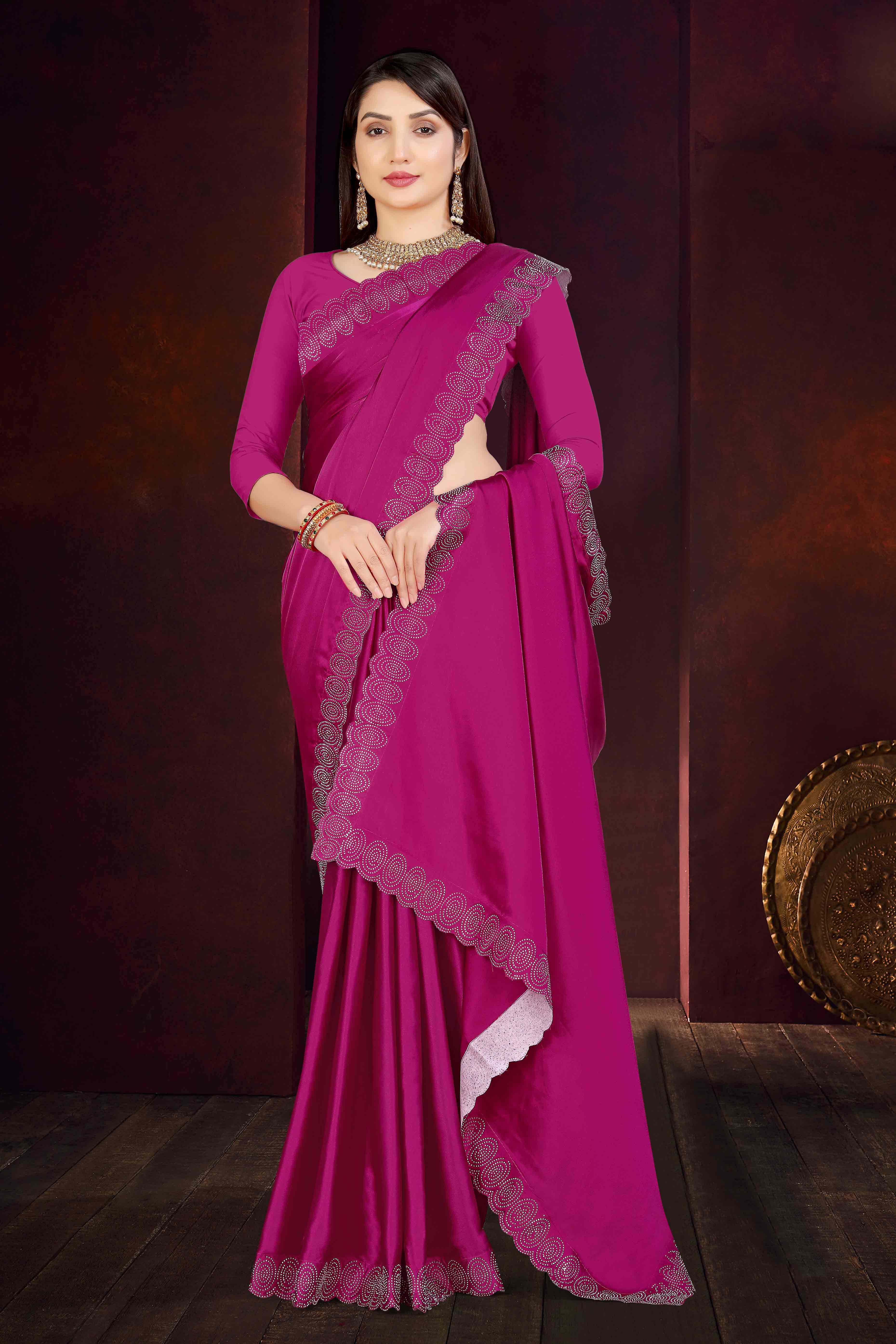 Magenta Solid With Swarovski Work Satin Saree