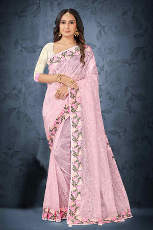 Pink Floral Embroidered Net Saree With Tassels
