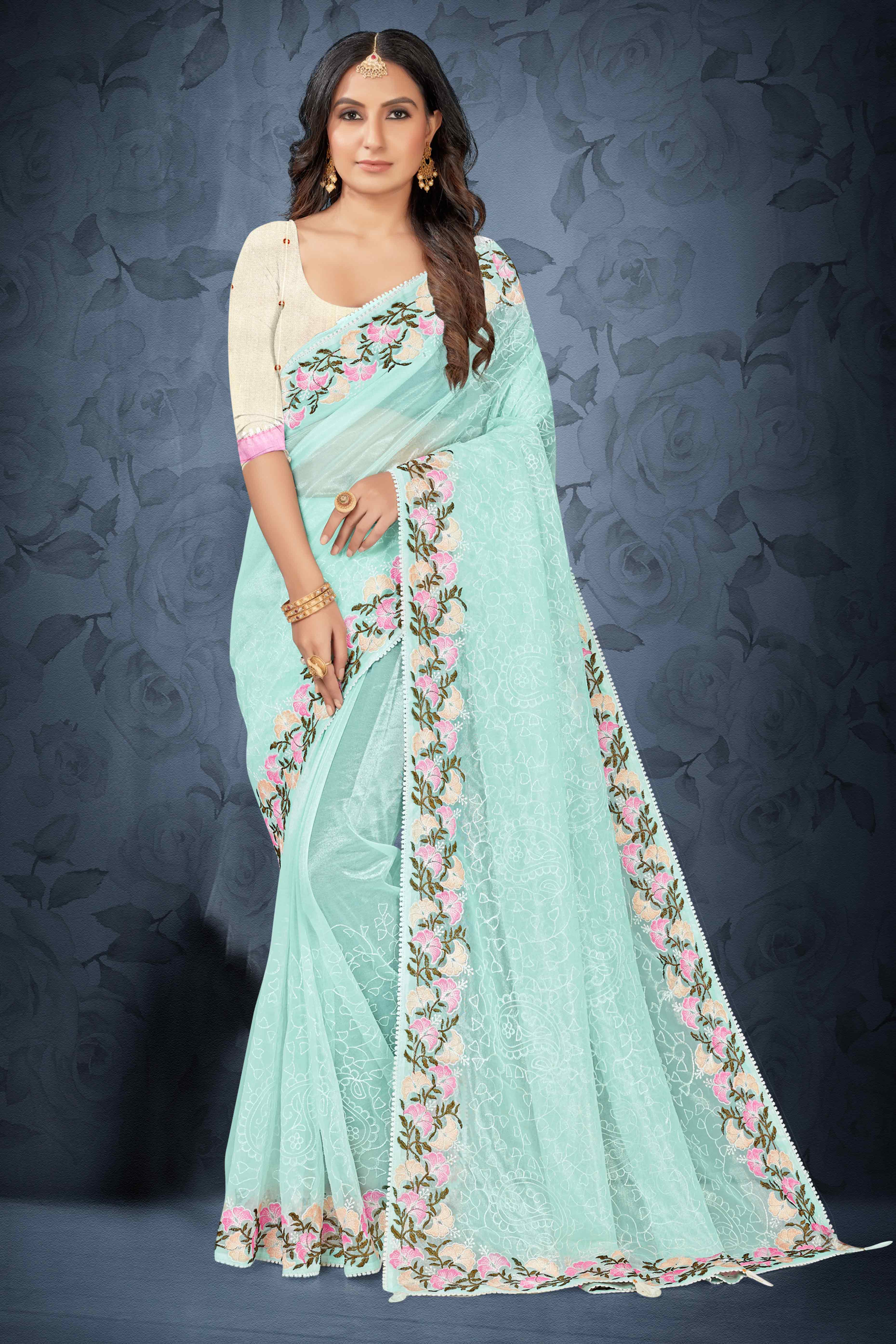 Blue Floral Embroidered Net Saree With Tassels