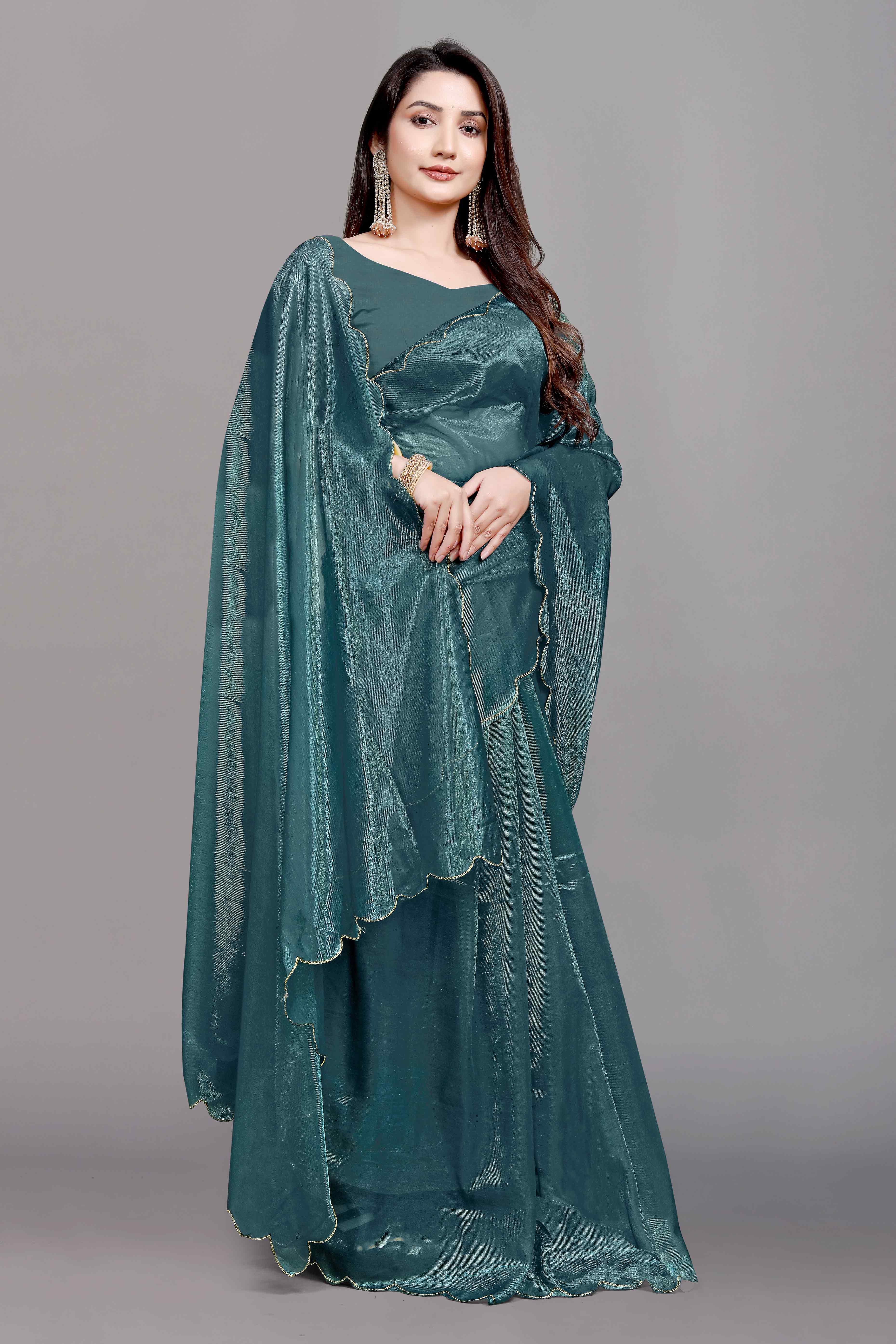 Teal Solid Net Saree With Zari Border