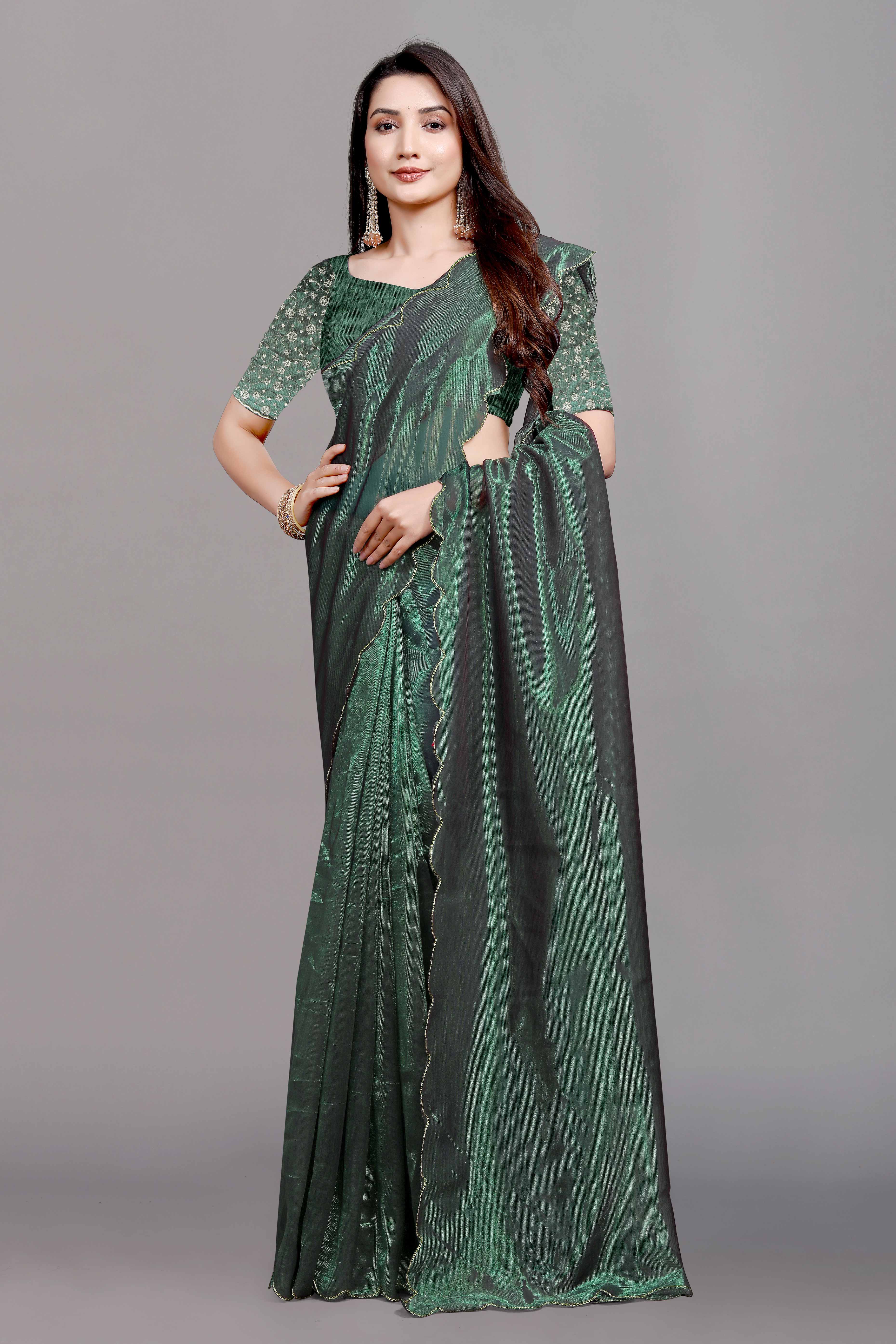 Green Solid Net Saree With Zari Border