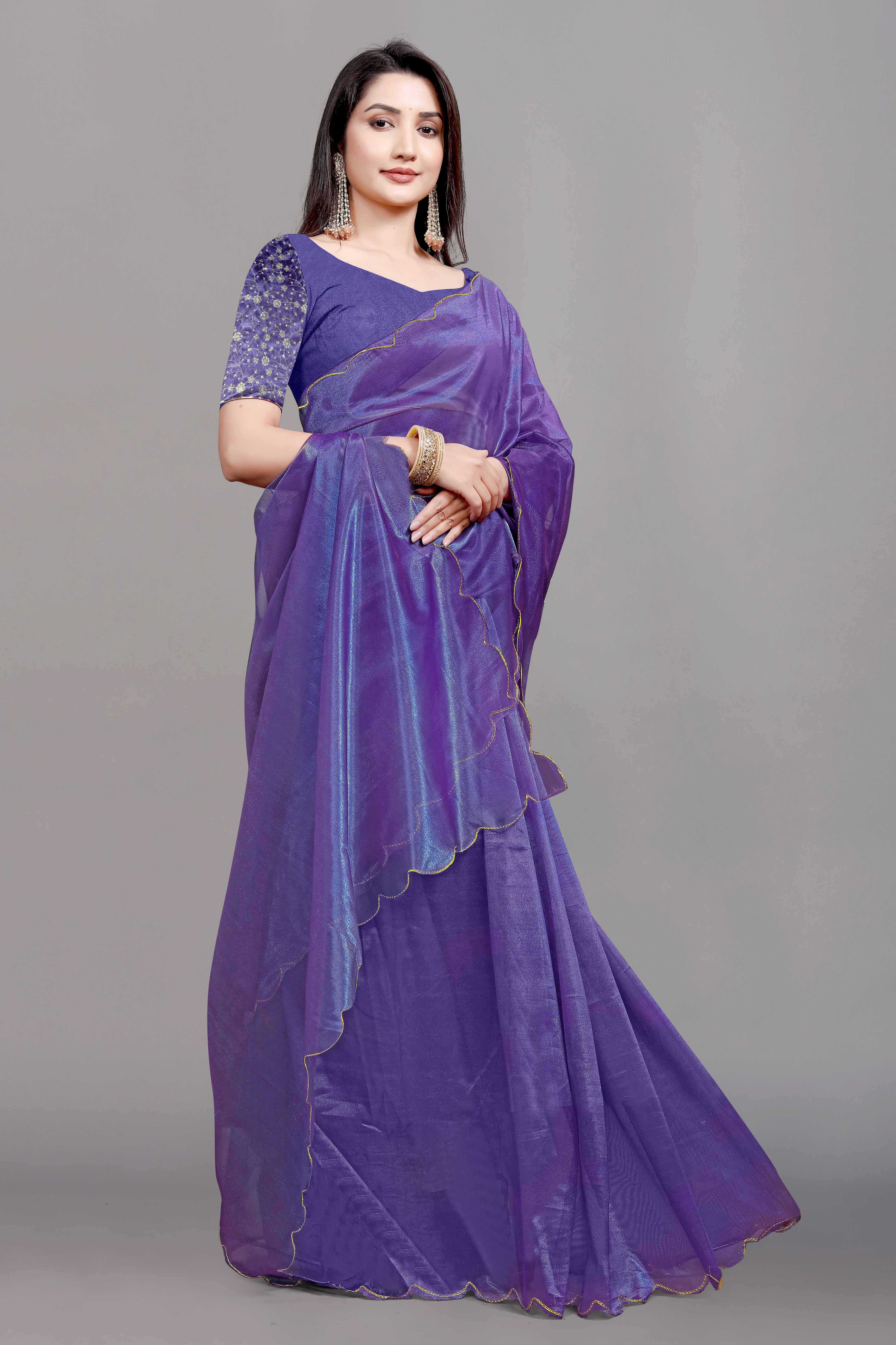 Purple Solid Net Saree With Zari Border