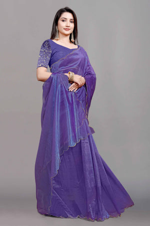 Purple Solid Net Saree With Zari Border