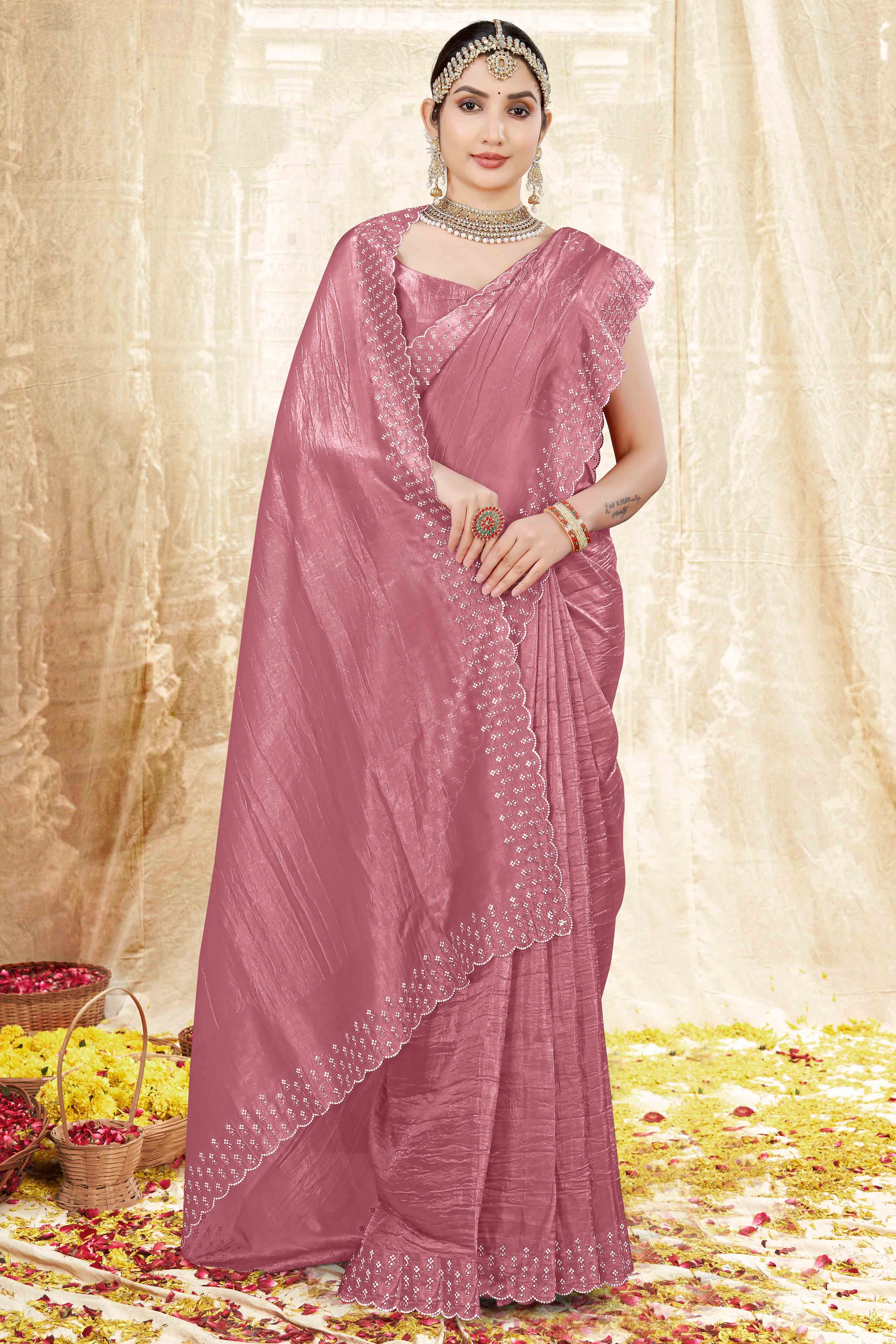 Dusty Pink Zarkan Diamond Work Tissue Gold Crush Saree
