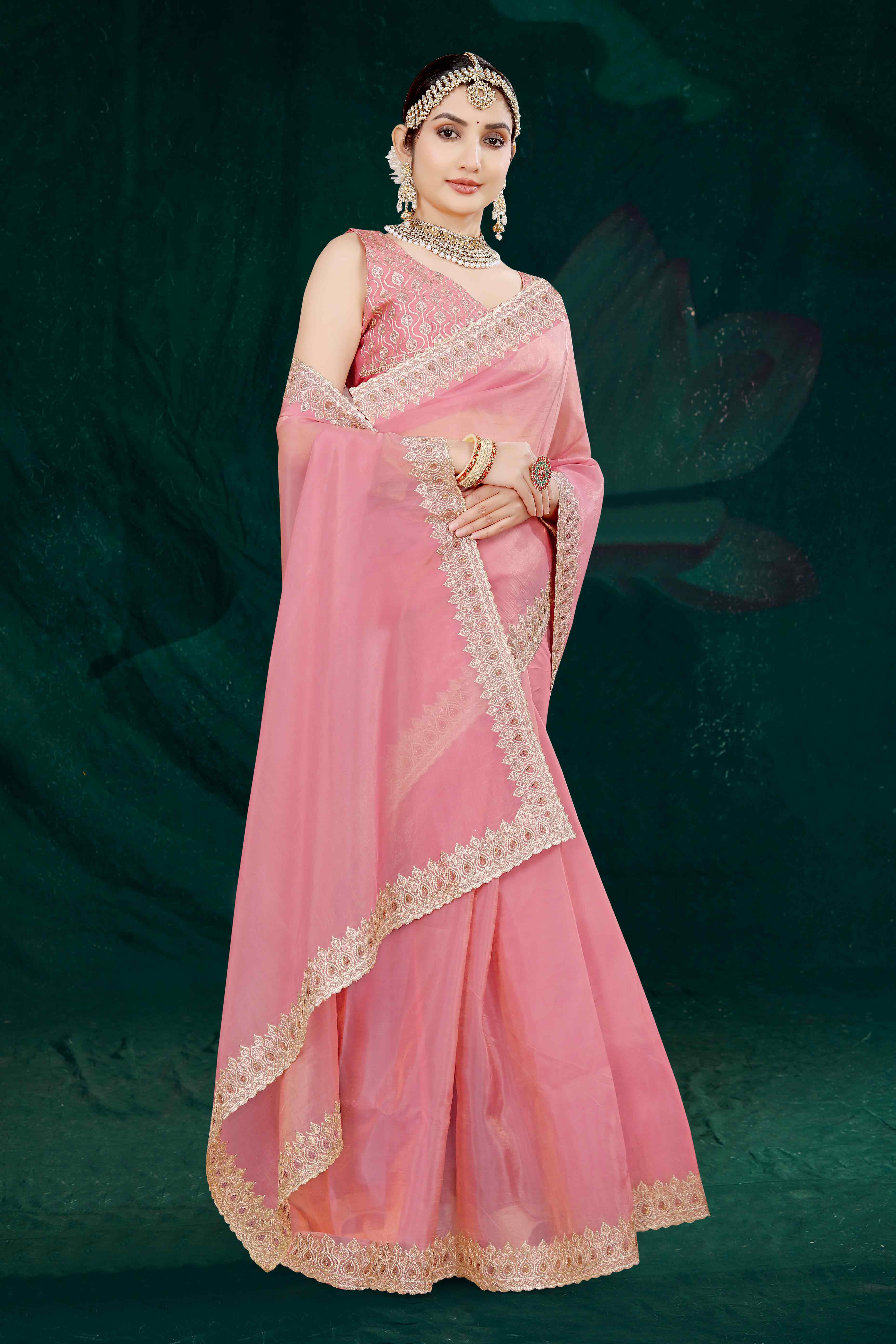 Pink Solid With Swarovski Work Tissue Gold Crush Saree
