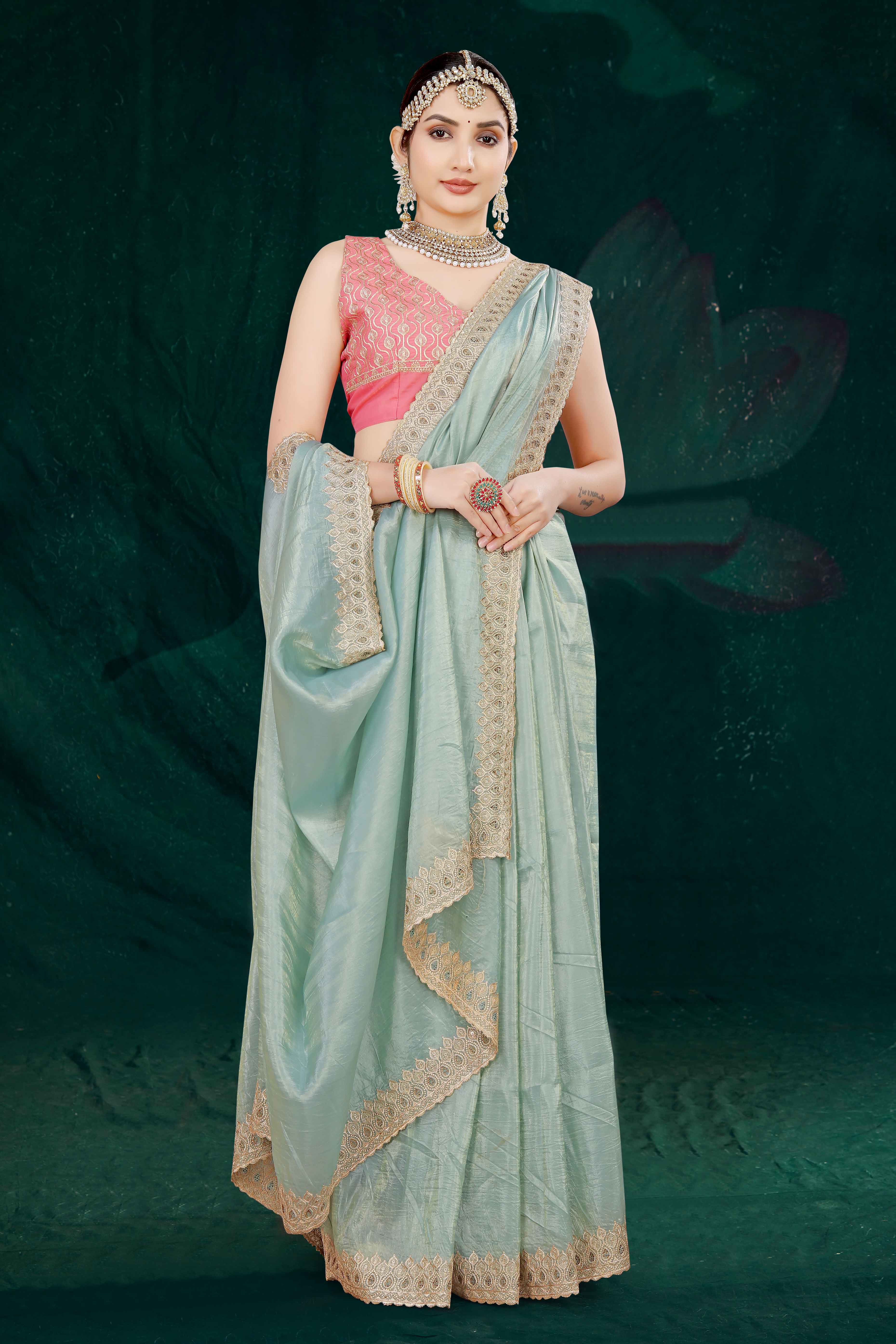 Blue Solid With Swarovski Work Tissue Gold Crush Saree