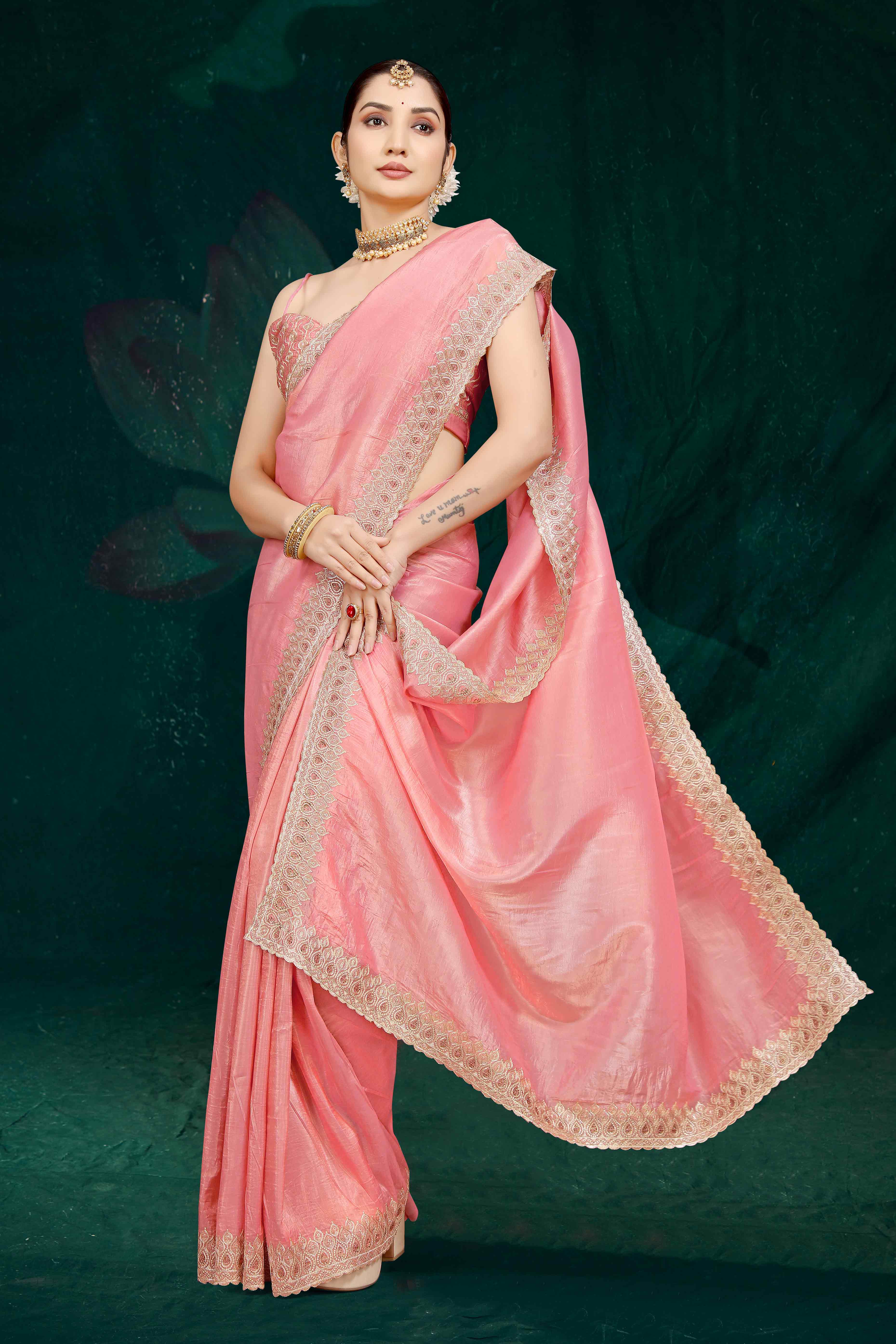 Peach Solid With Swarovski Work Tissue Gold Crush Saree