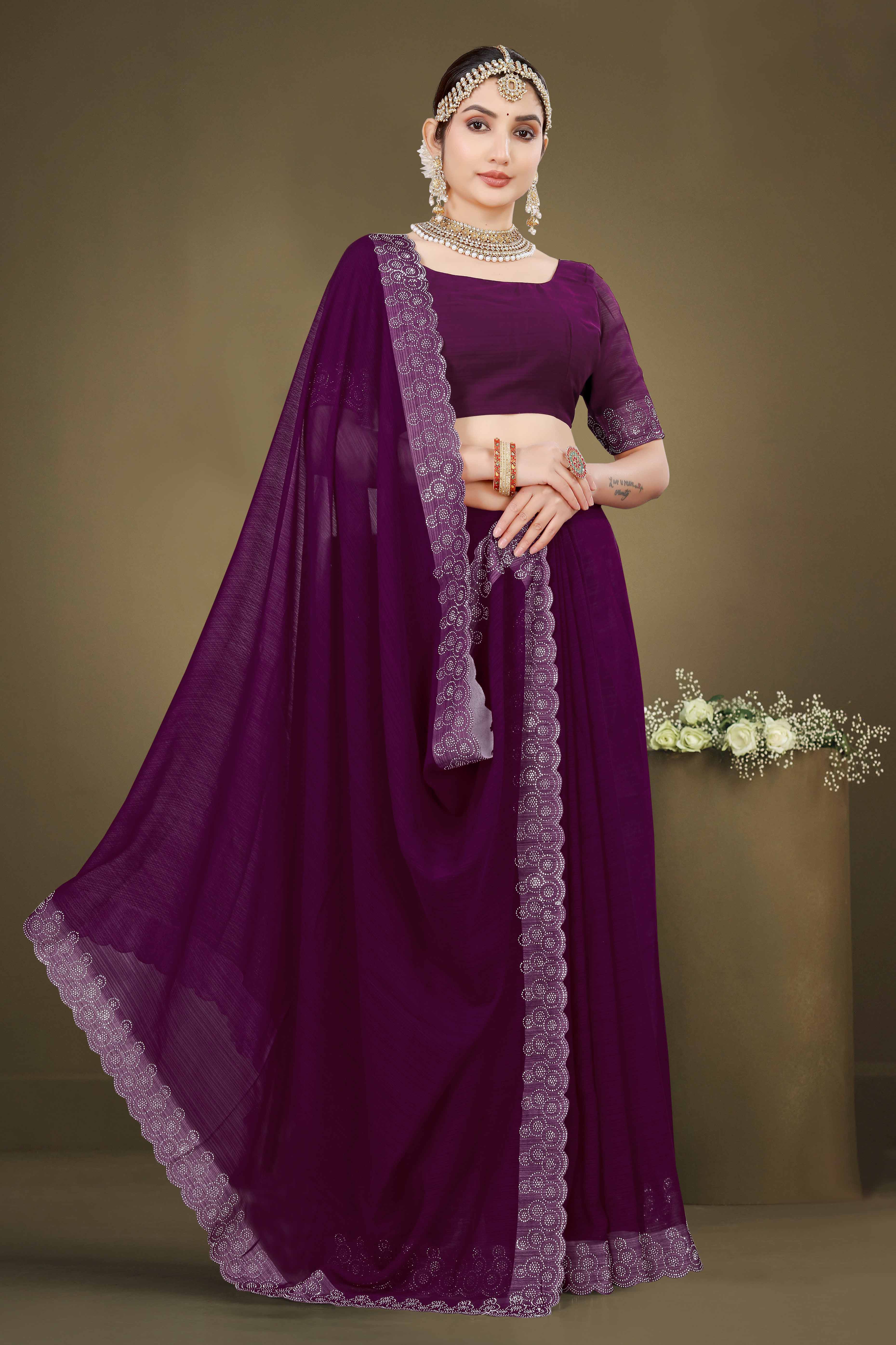 Wine Solid With Swarovski Work Chiffon Saree