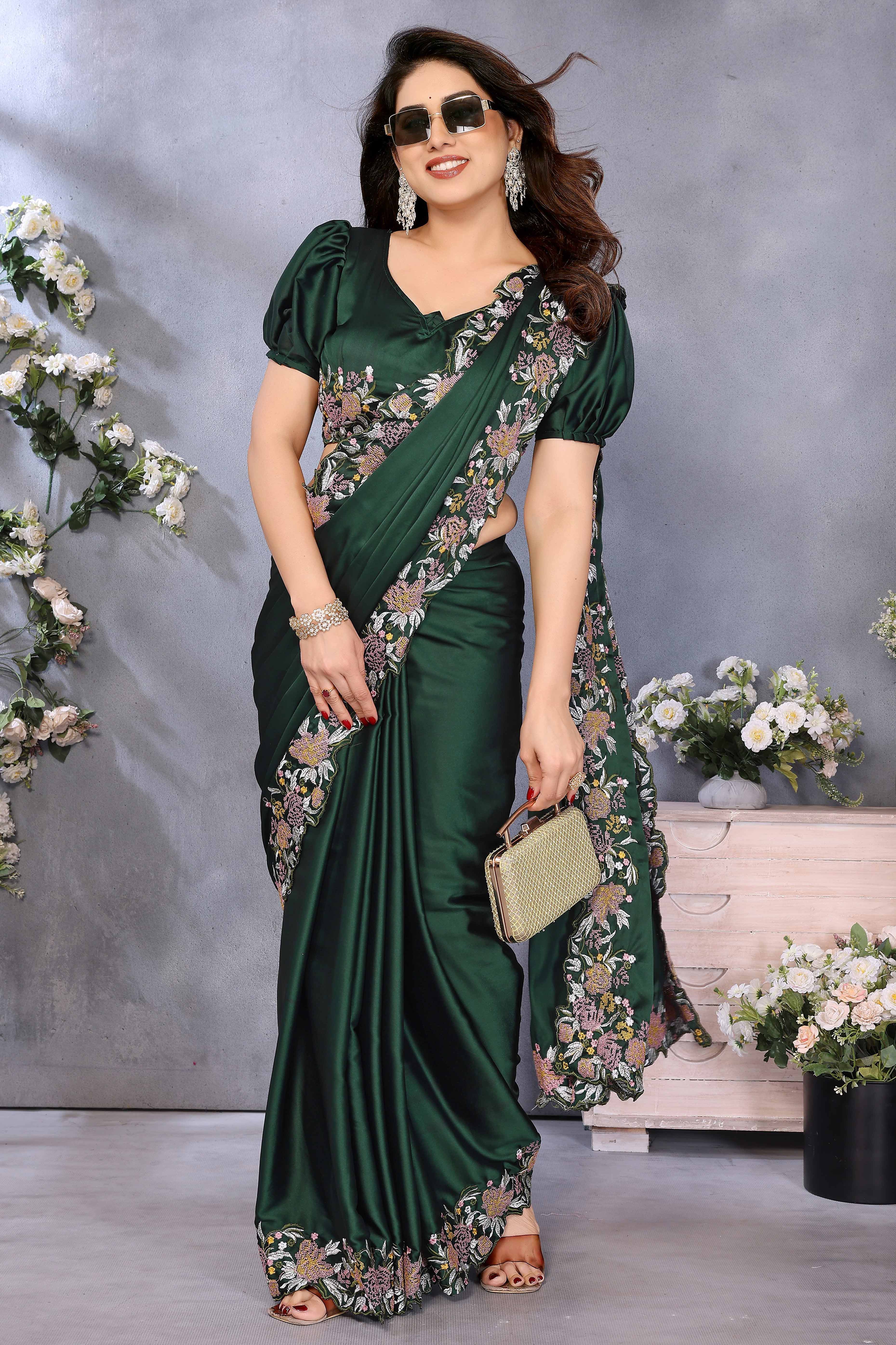Bottle Green Satin Saree with Delicate Floral Embroidery and Intricate Resham Work