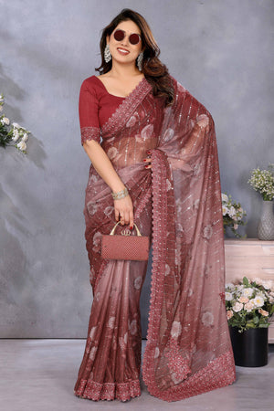 Rich Brown Lycra Saree Adorned with Floral Print and Decorative Patch Work for a Chic Party Look