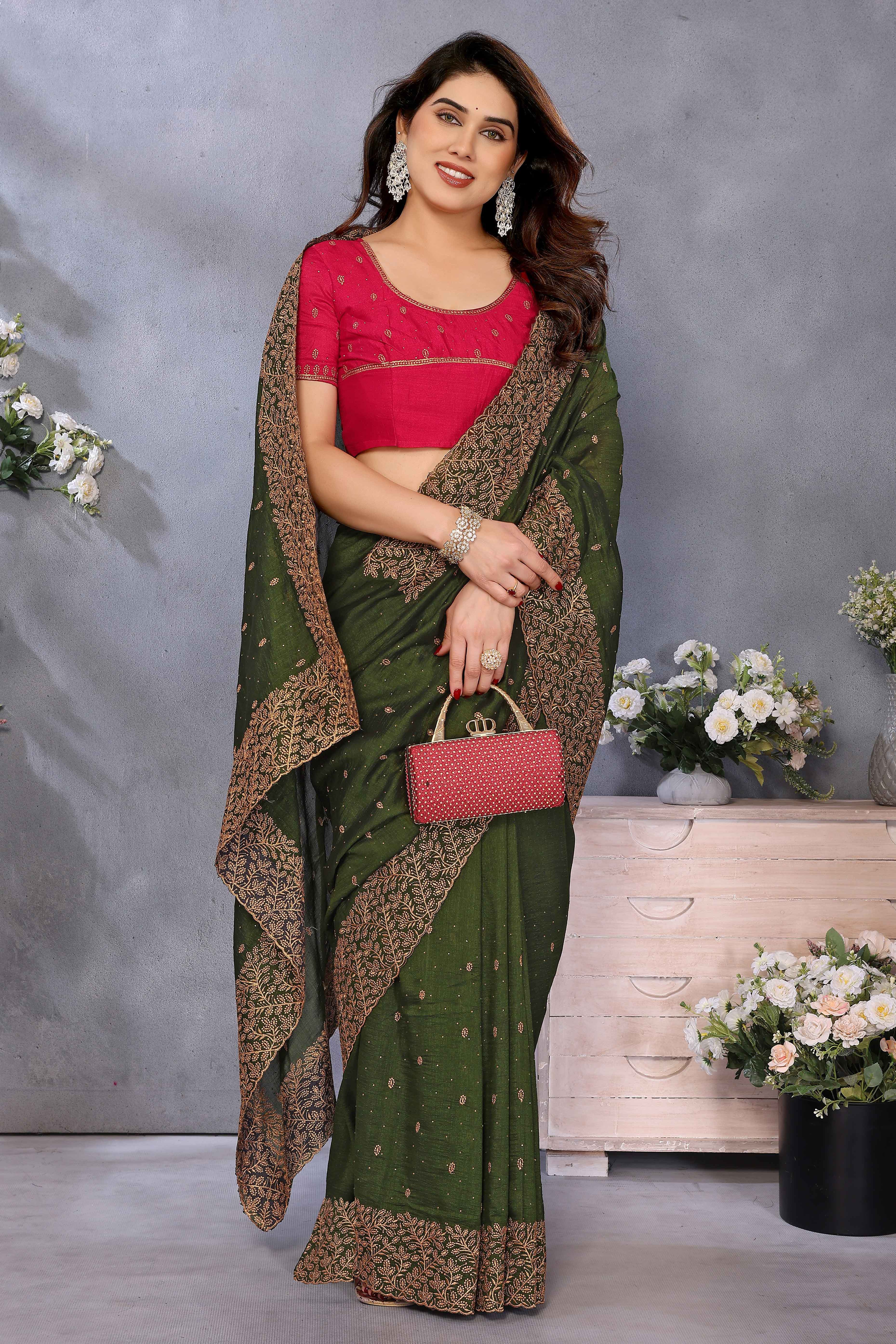 Mehendi Green Vichitra Silk Saree with Zari Embroidery and Stone Work