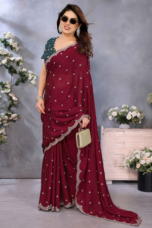 Elegant Wine Silk Blend Saree with Opulent Zari Embroidery and Sparkling Stone Work