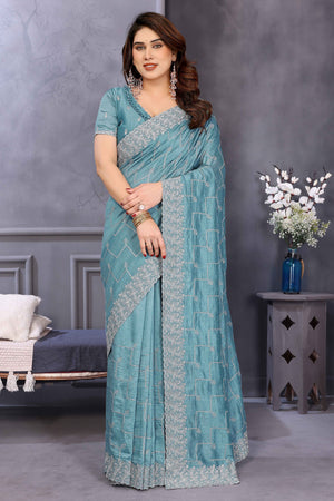 Refreshing Aqua Blue Vichitra Silk Saree with Traditional Zari Embroidery and Stone Embellishments