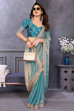 Teal Satin Saree with Solid Body and Decorative Lace Embellished Border – A Modern Ethnic Staple