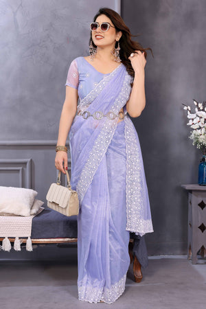 Lavender Net Saree with Solid Pattern and Embroidered Border for a Romantic and Light Occasion Look
