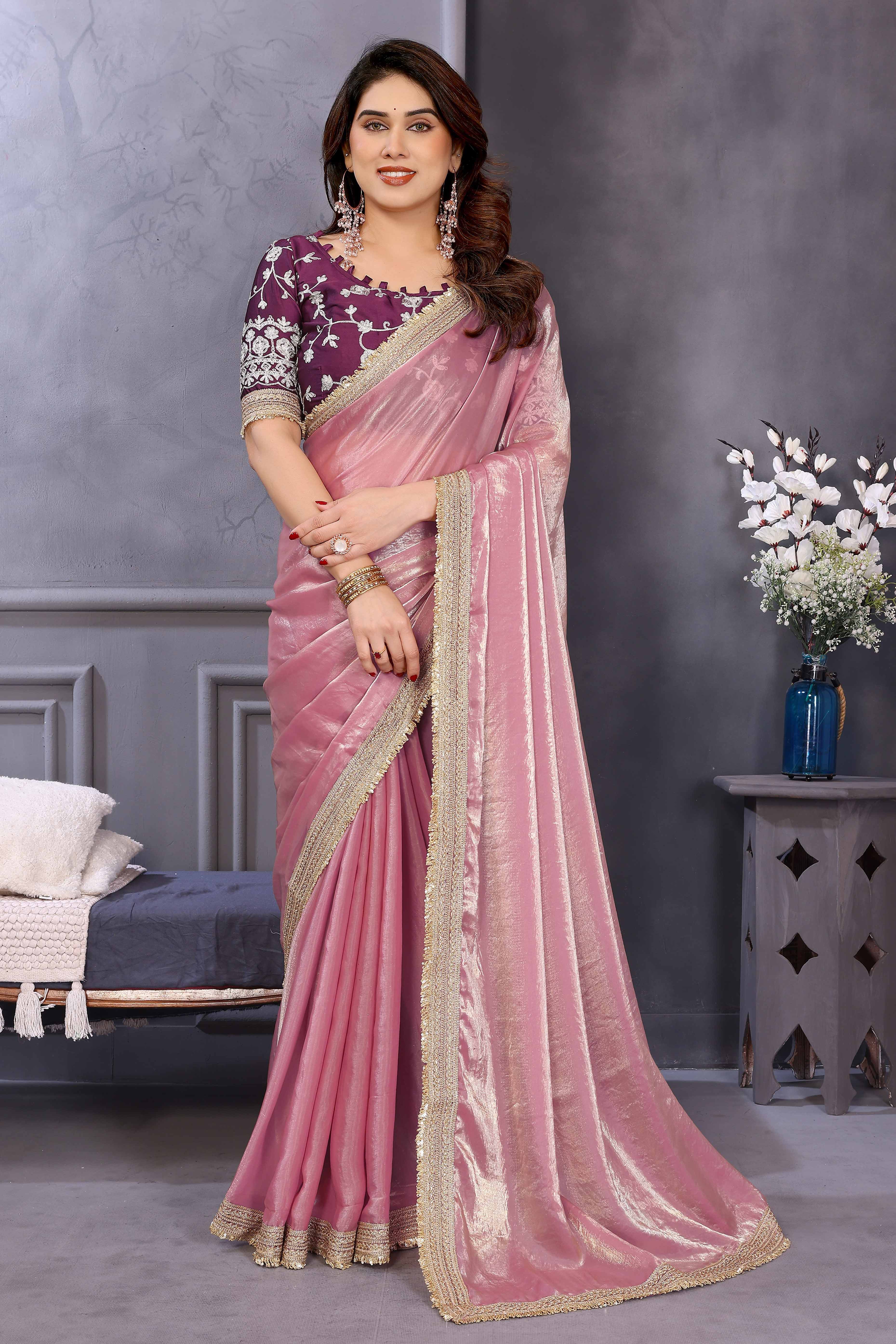 Pink Satin Saree with Solid Finish and Stylish Lace Embellished Border – Feminine and Festive