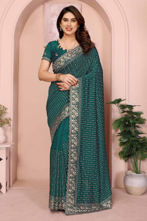 Morpich Green Vichitra Silk Saree with Heavy Embroidery and Sparkling Swarovski Work