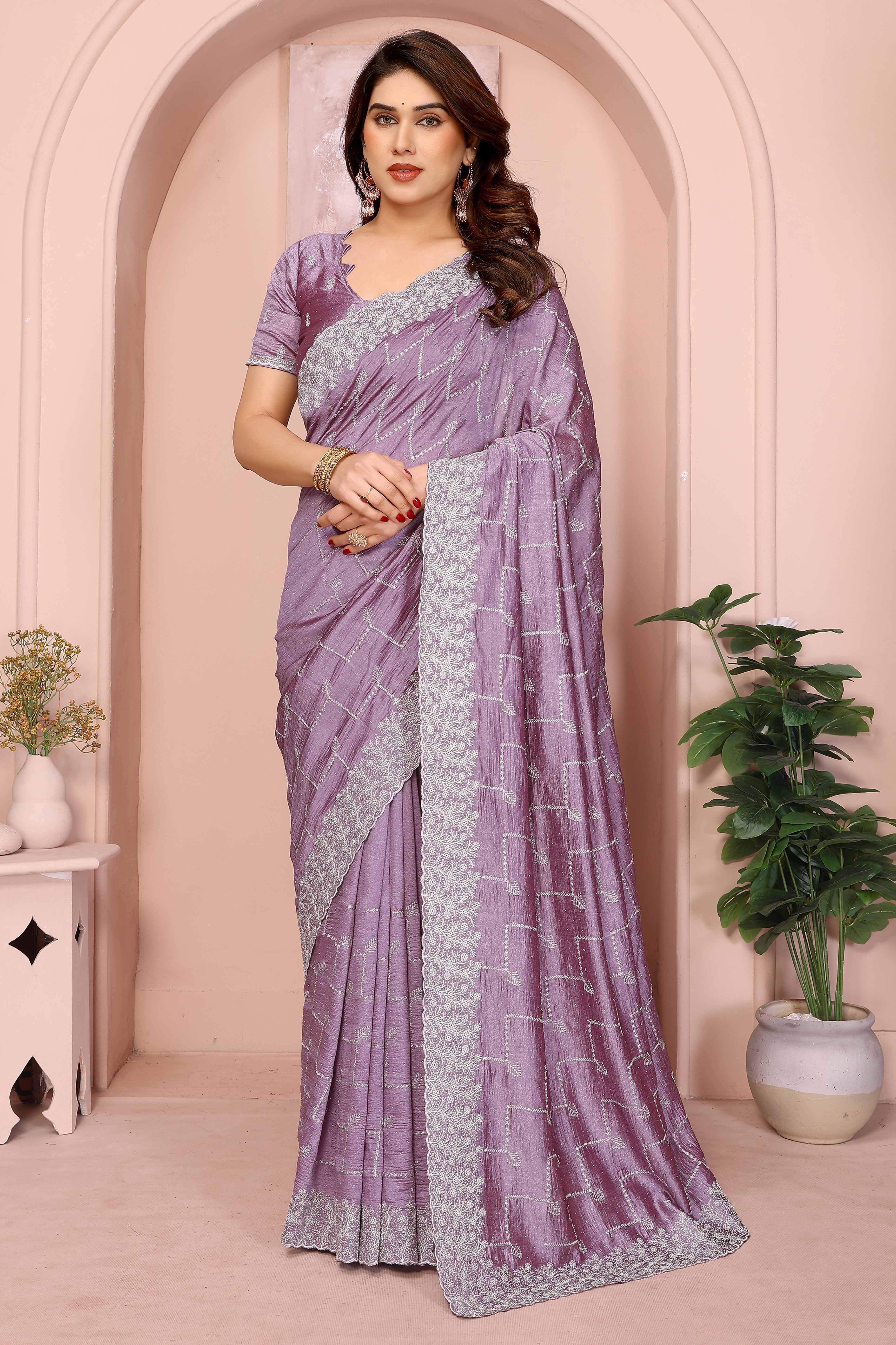 Lavender Vichitra Silk Saree with Traditional Zari Embroidery and Elegant Stone Work