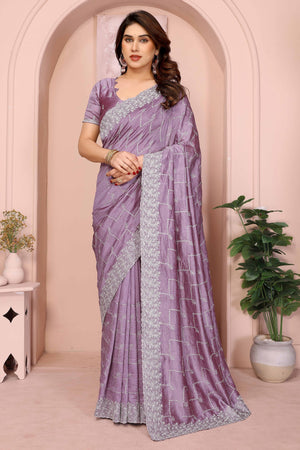 Lavender Vichitra Silk Saree with Traditional Zari Embroidery and Elegant Stone Work